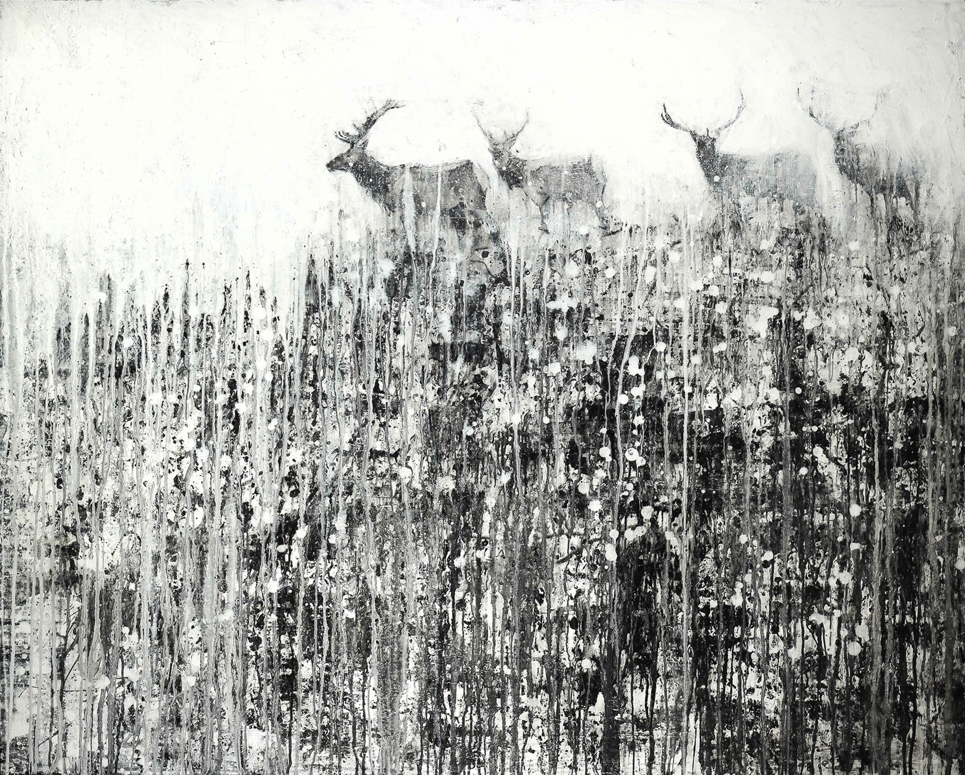 A Black And White Painting Of Elk Appearing In Mist With A Contemporary Drip And Splatter Foreground, By Matt Flint, Available At Gallery Wild