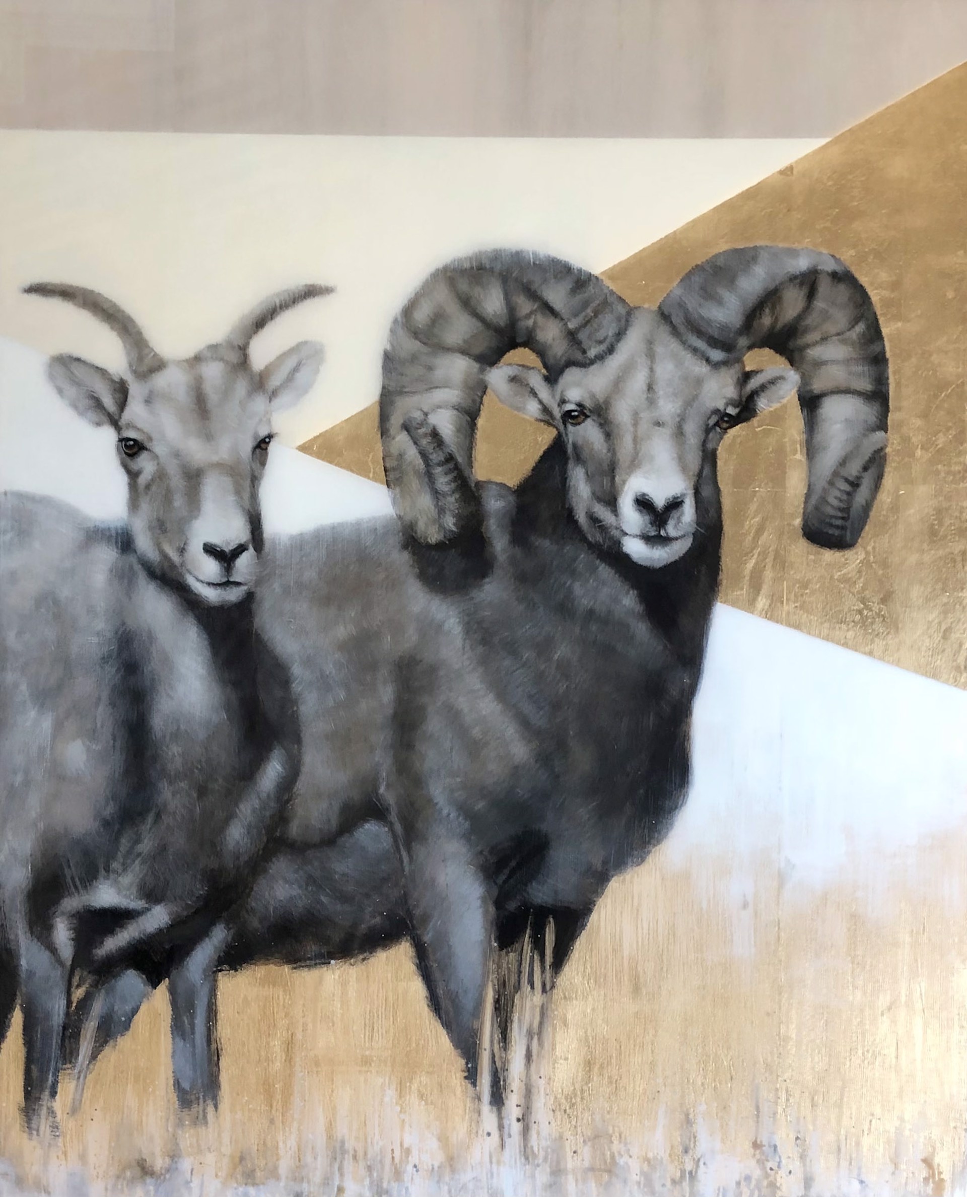 Doe And Ram, Big Horn Sheep, Painted In Black And White, with Graphic Gold Triangular Background.