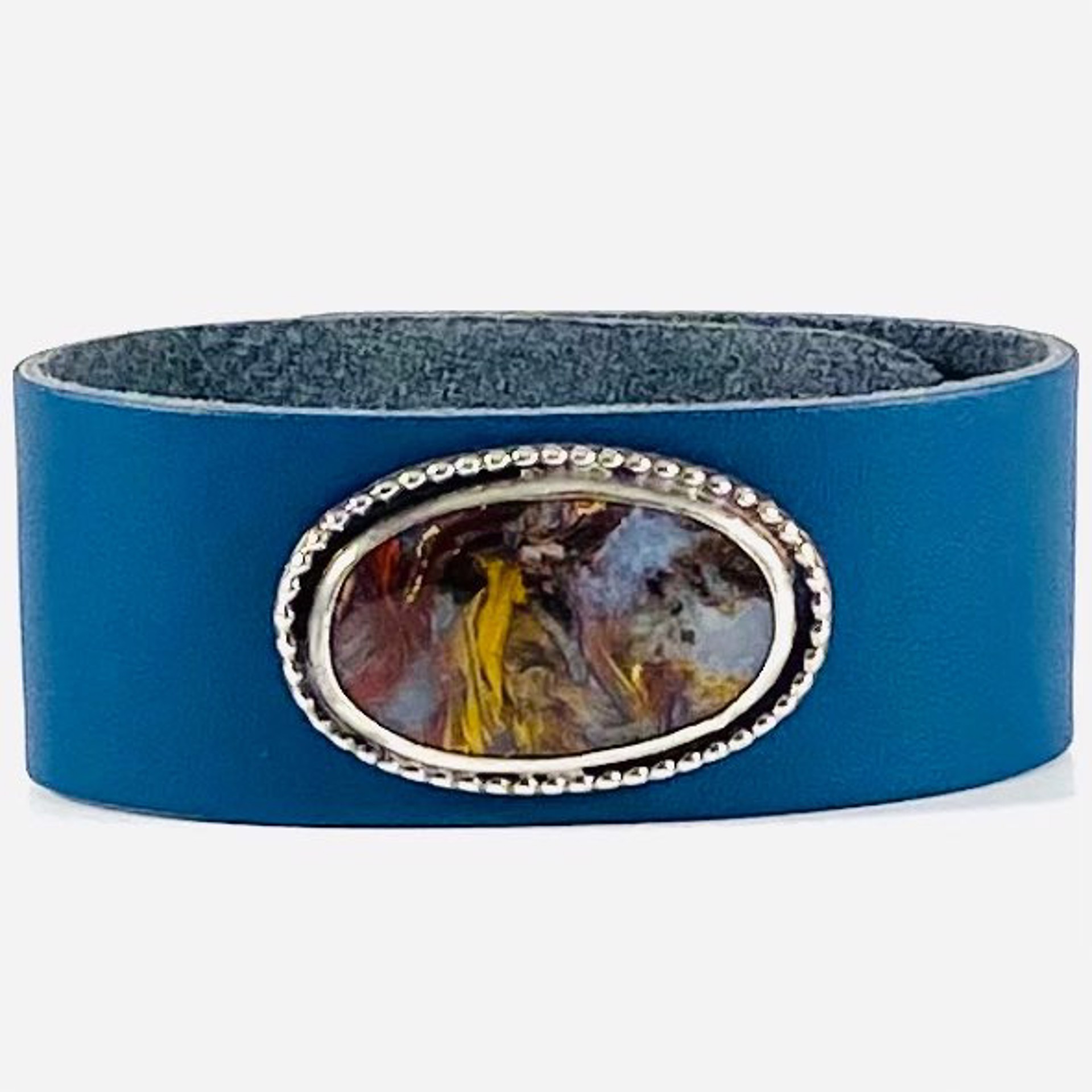 Oval Seam Agate with Bead Accent on Dark Blue Leather Bracelet AB222-66 by Anne Bivens