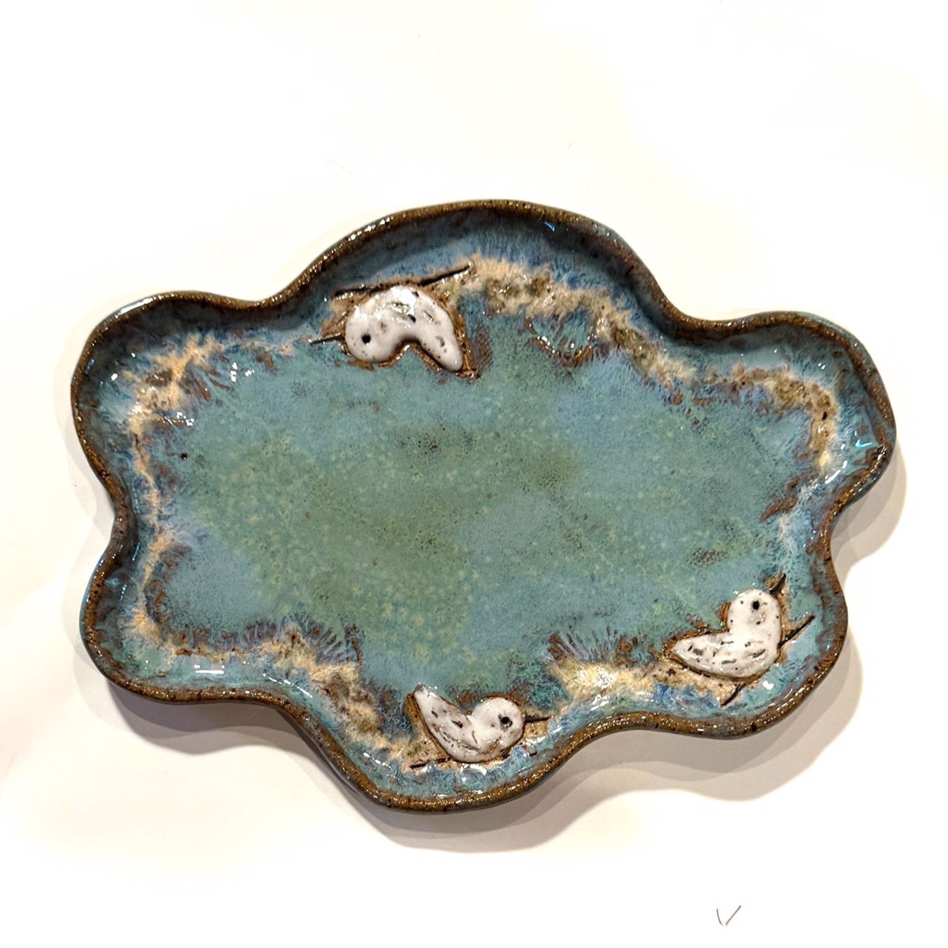 Plate with Three Sandpiper (Green Glaze) LG23-1172 by Jim & Steffi Logan