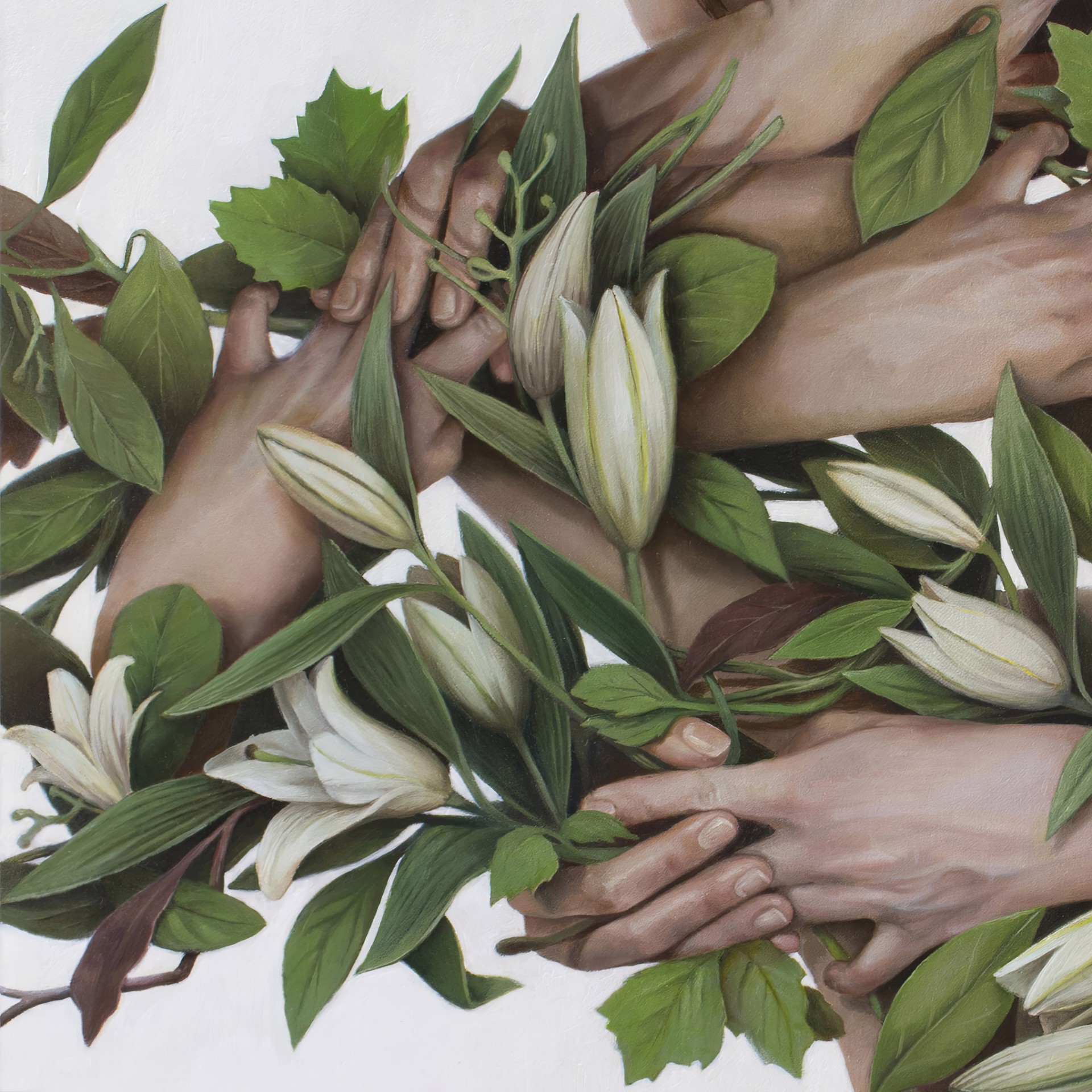 "With Kindness" by Victoria Novak, an oil painting depicting multiple hands gently holding various green leaves and white flower petals, set against a light background.