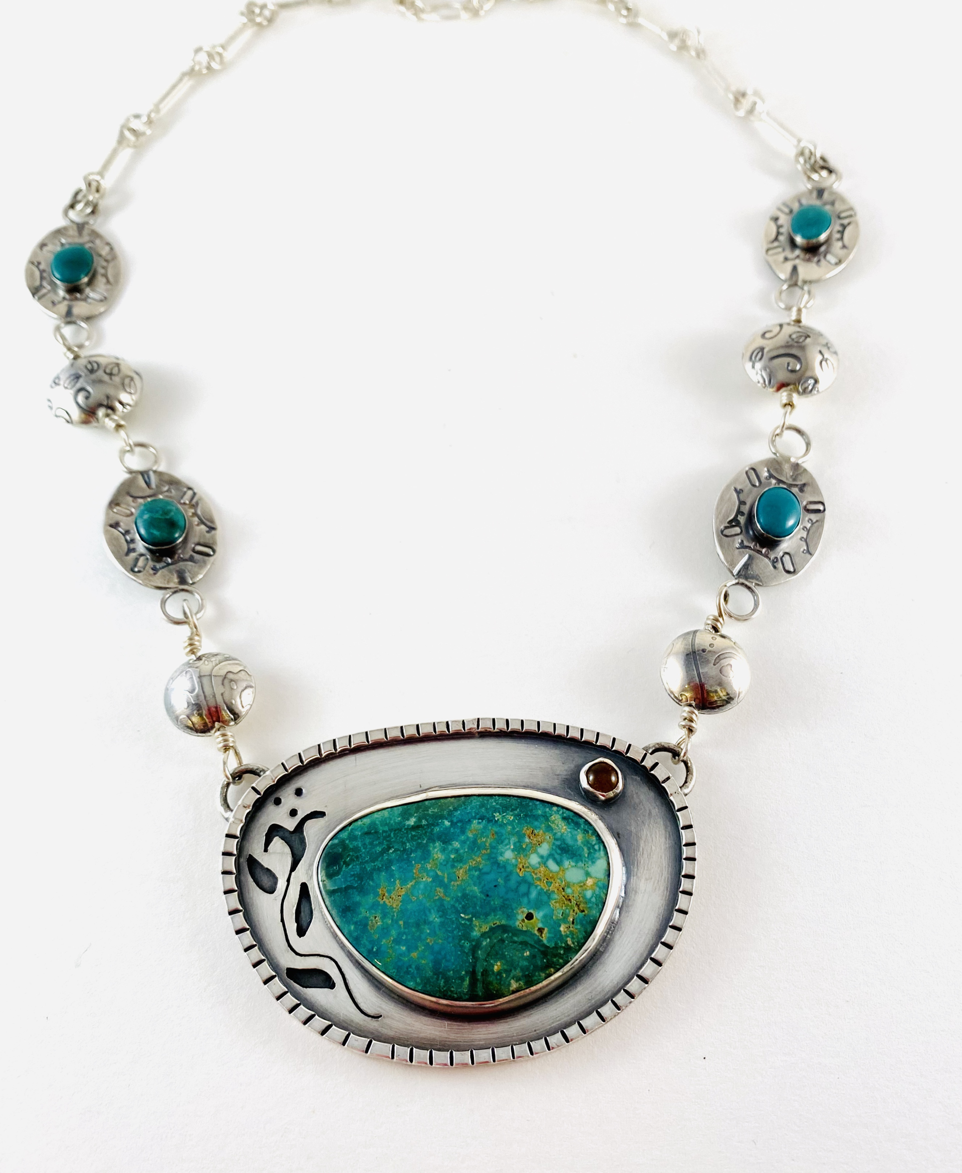#111 Silver and Turquoise Pendant, Hand made silver beads, Hand Textured Silver and Turquoise link Necklace by Anne Bivens