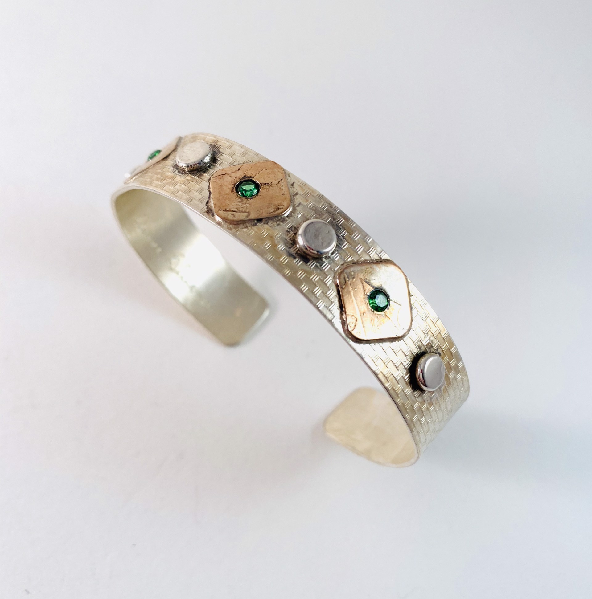 Silver, Bronze, lab created Emerald Cuff Bracelet, #153 by Anne Bivens