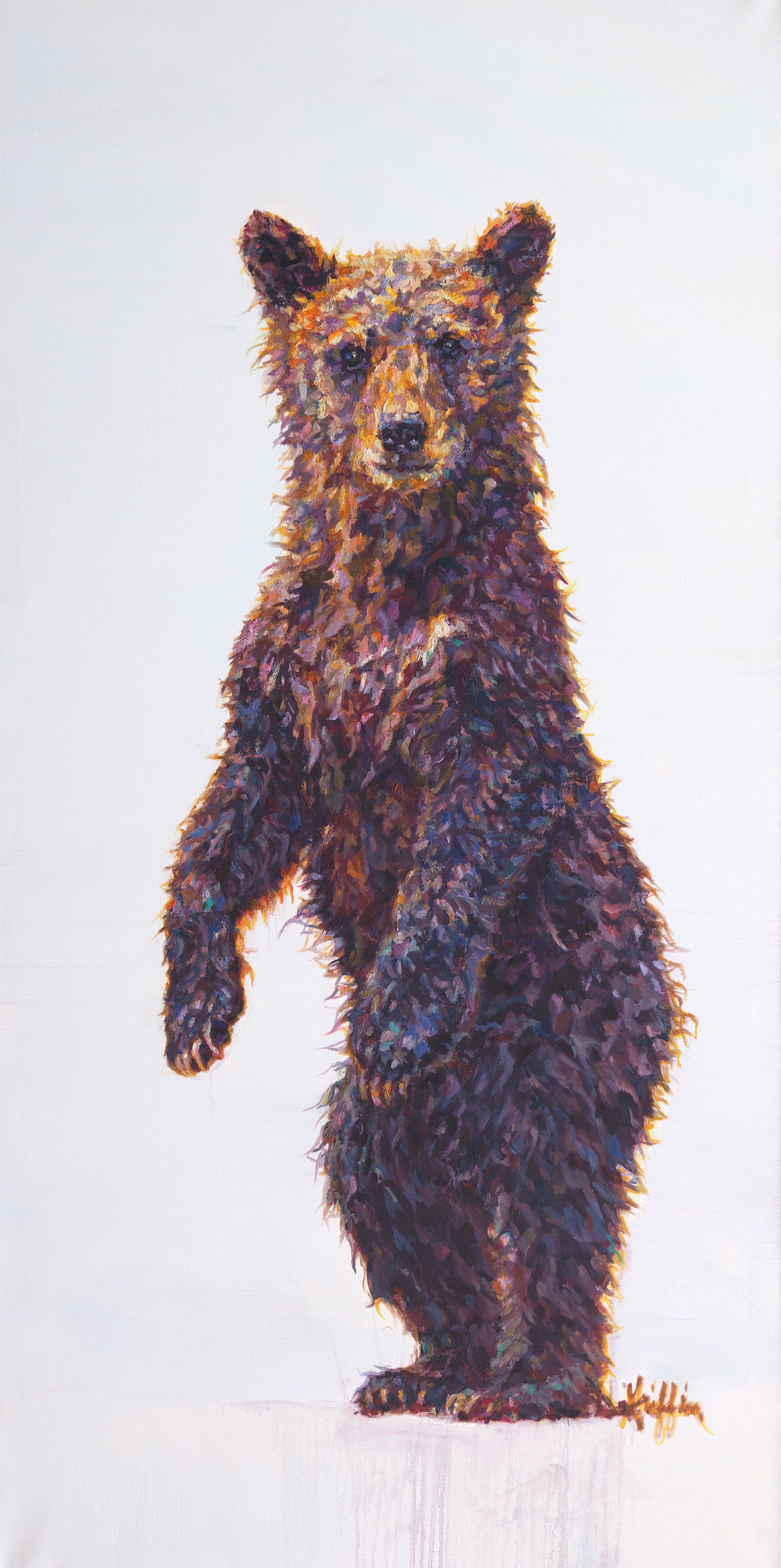 Original Oil Painting Of Standing Grizzly Bear Cub In A Traditional Graphic Style With Colors Of Browns Pinks Purples And White