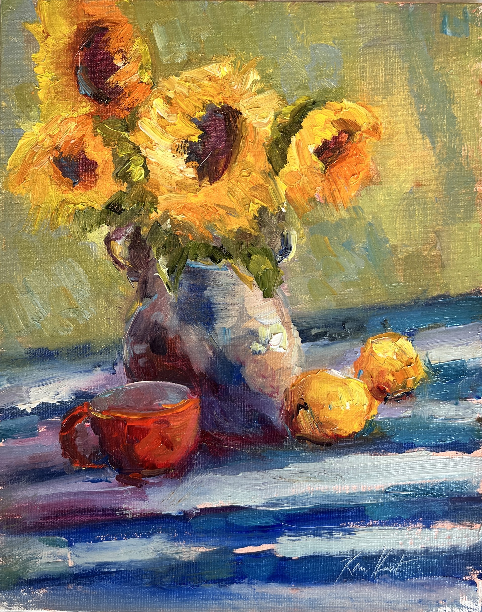 "Red Cup and Sunflowers" original oil painting by Karen Hewitt Hagan