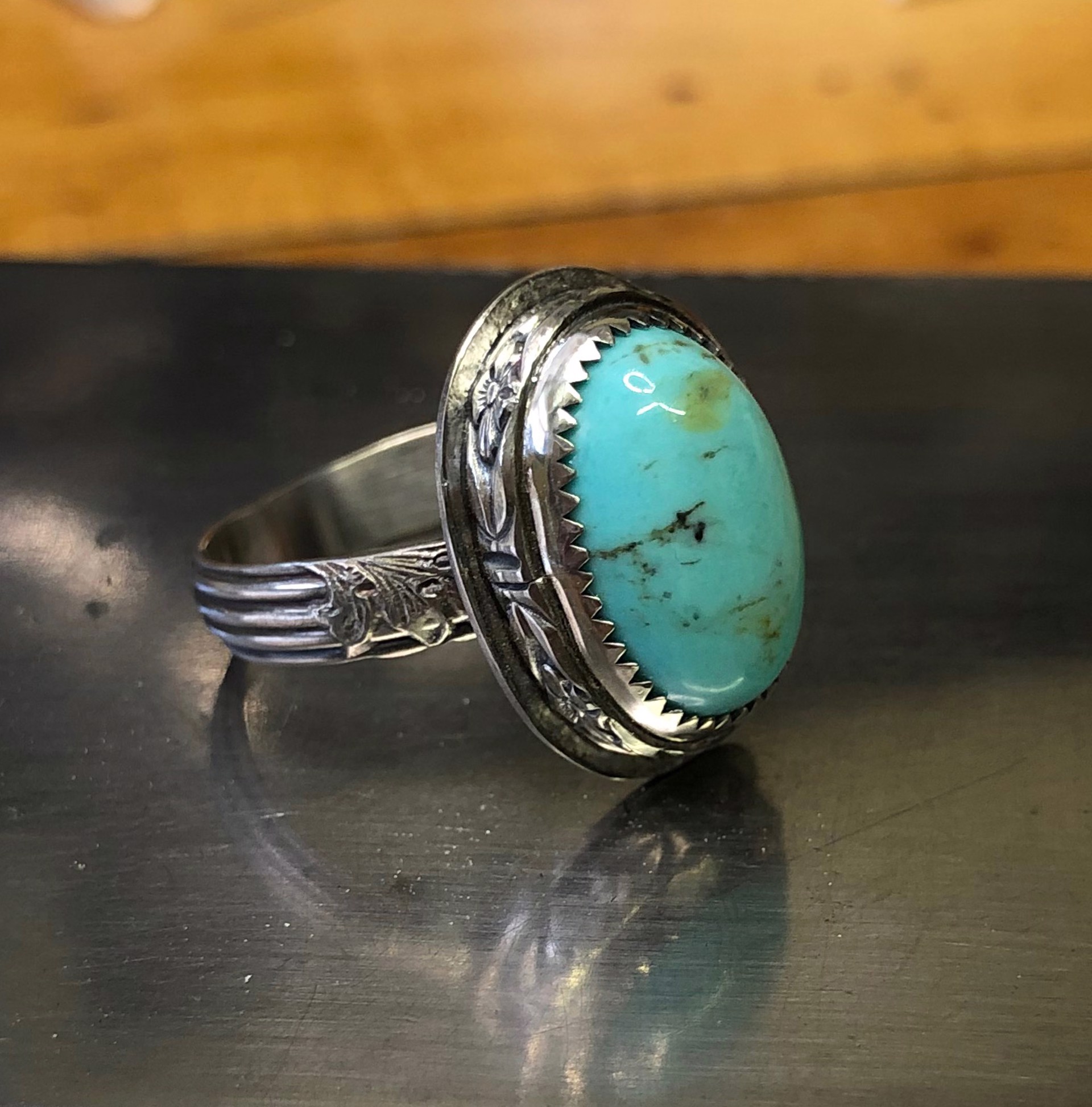 Turquoise w/Pattern Wire Bezel, Sterling Silver Ring by Amelia Whelan