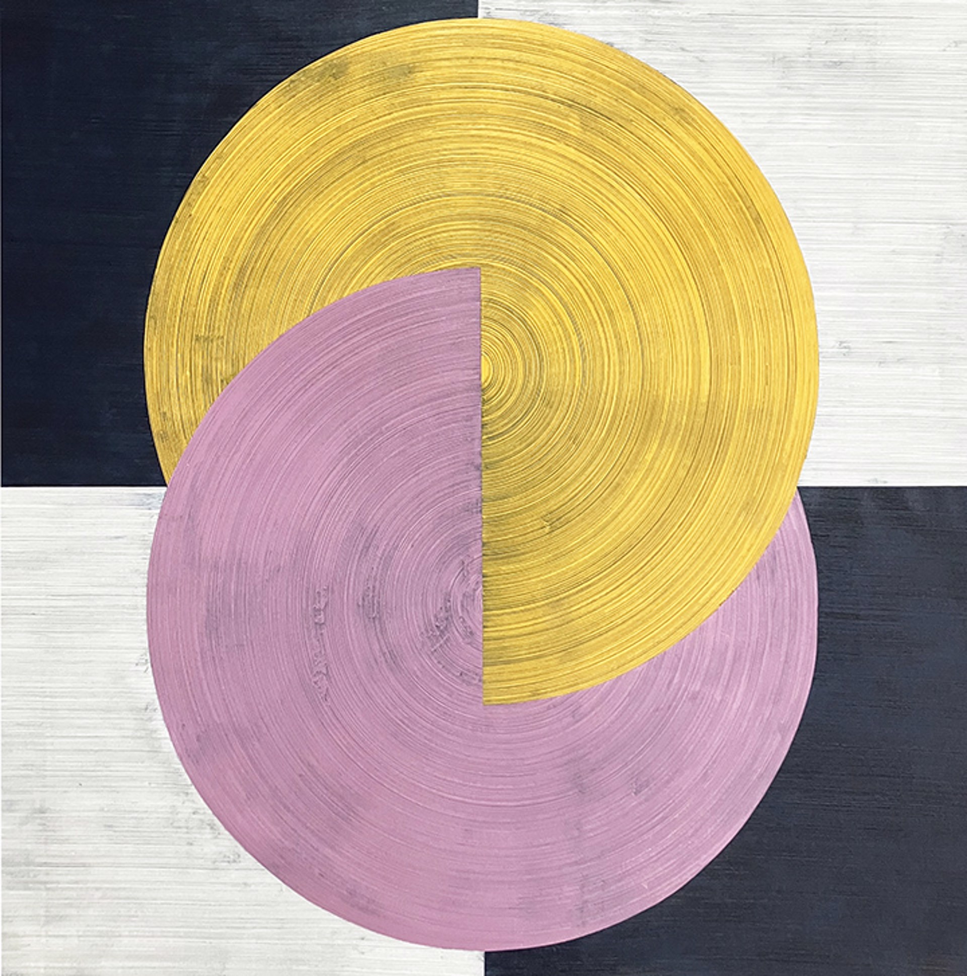 A Harmonia painting featuring yellow and pink circles with hints of black.