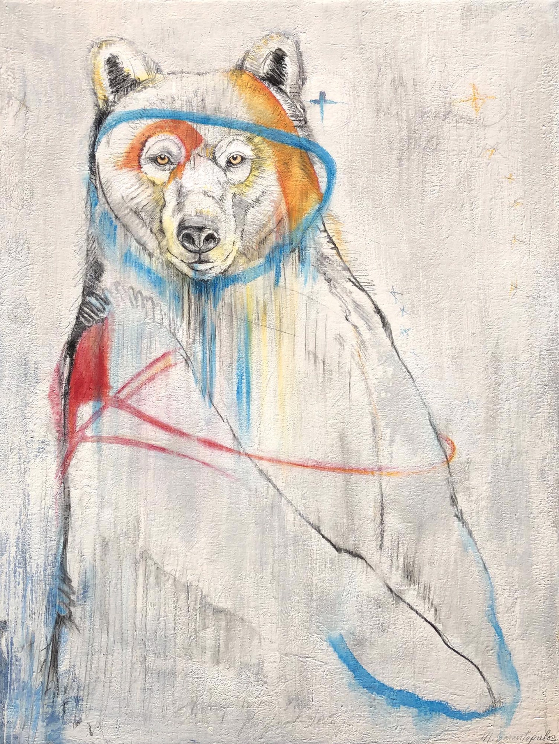 Original Mixed Media Painting Featuring A Grizzly Bear Sketched Over Abstract Gray Background With Colorful Doodle Details