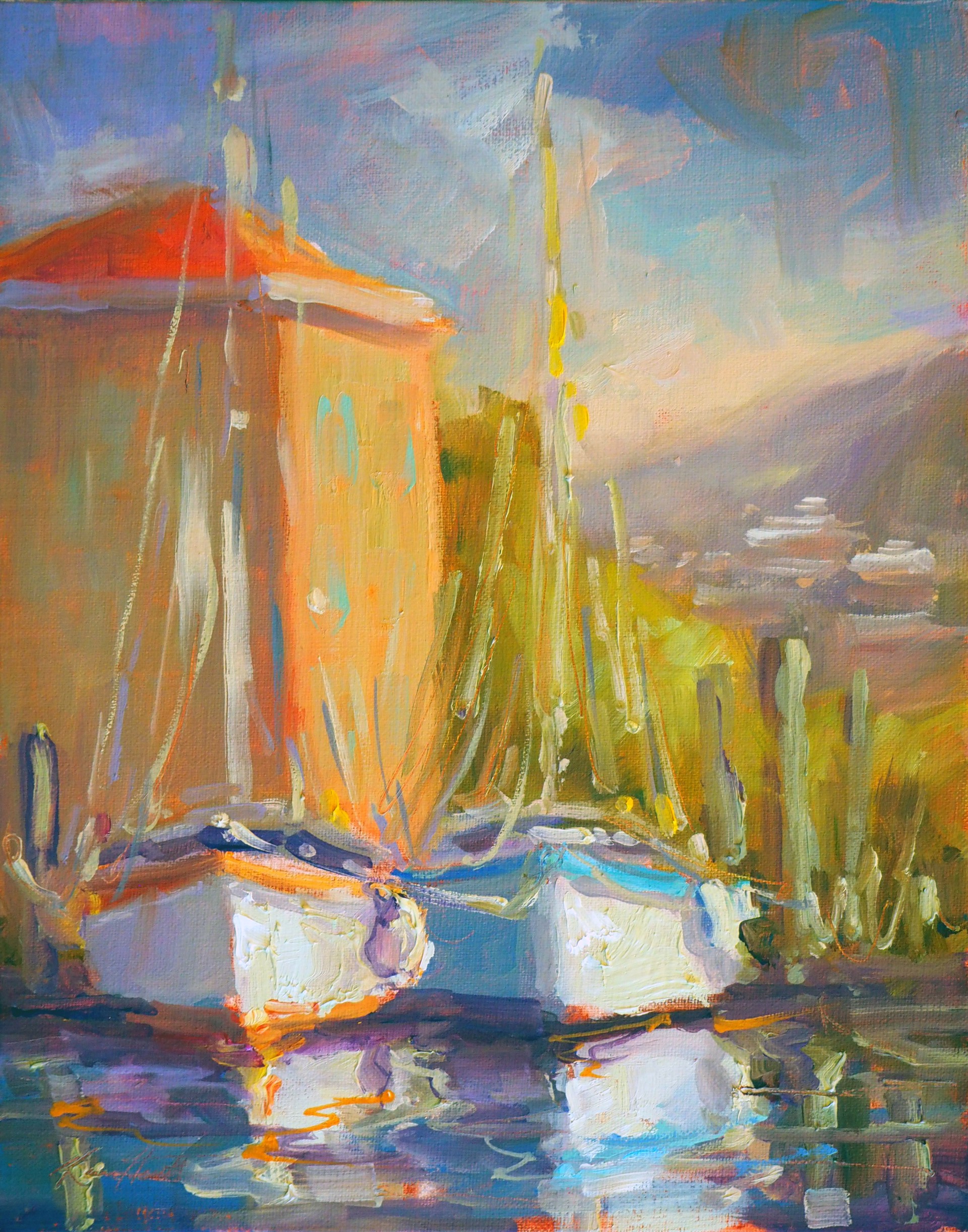 "Sailboats, Lake Garda, Italy" original oil painting by Karen Hewitt Hagan 