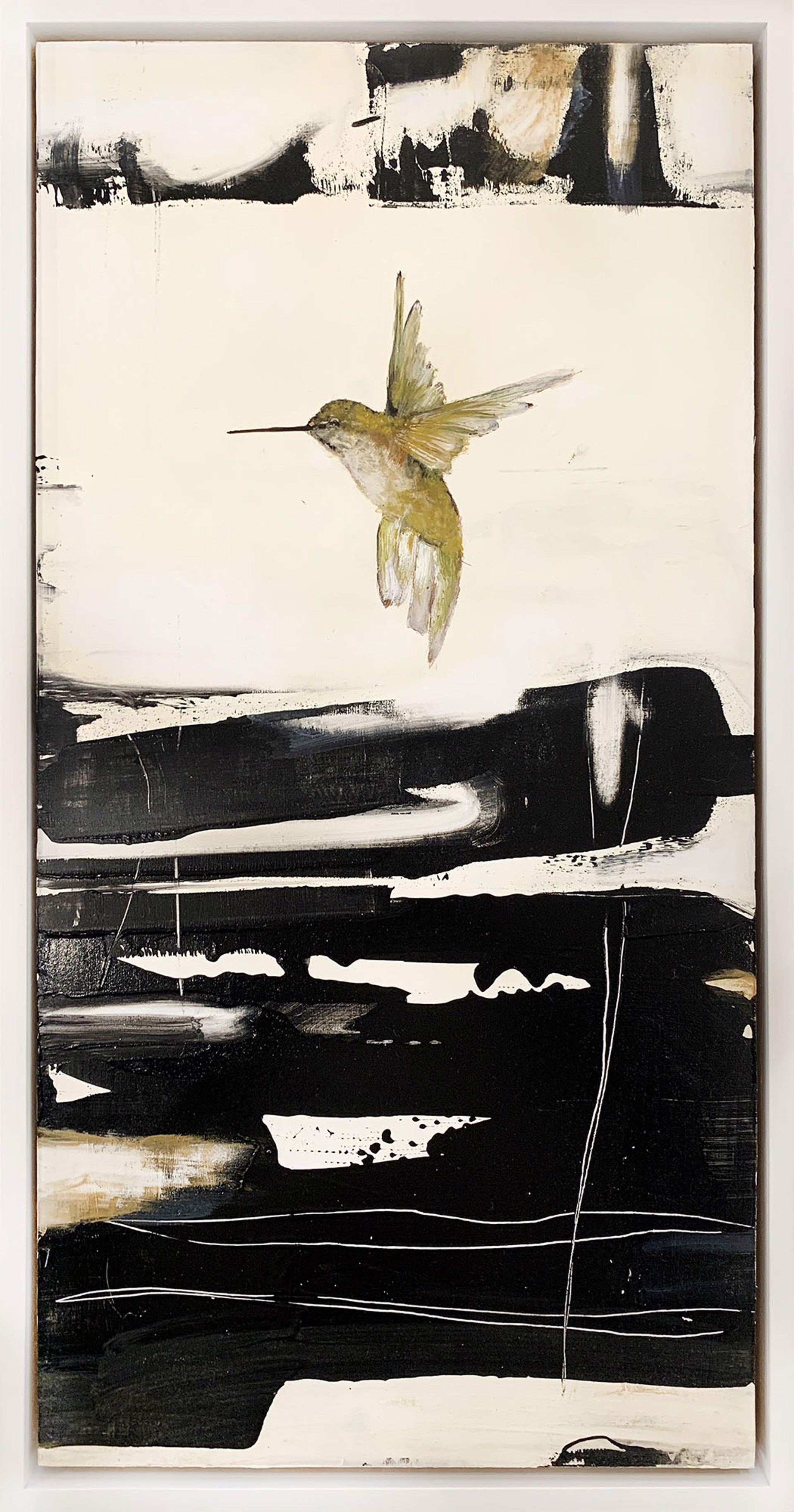 Original Mixed Media Painting Featuring A Single Hummingbird Over Abstract Black And White Background