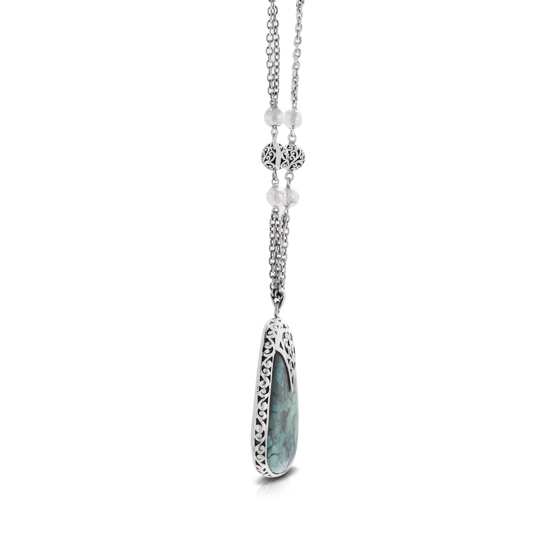 9713 Organic Shaped Turquoise with Hand Carved Scroll Back & Rim on Handmade Sterling Silver Chain, Pendant is 38 by 47mm by Lois Hill