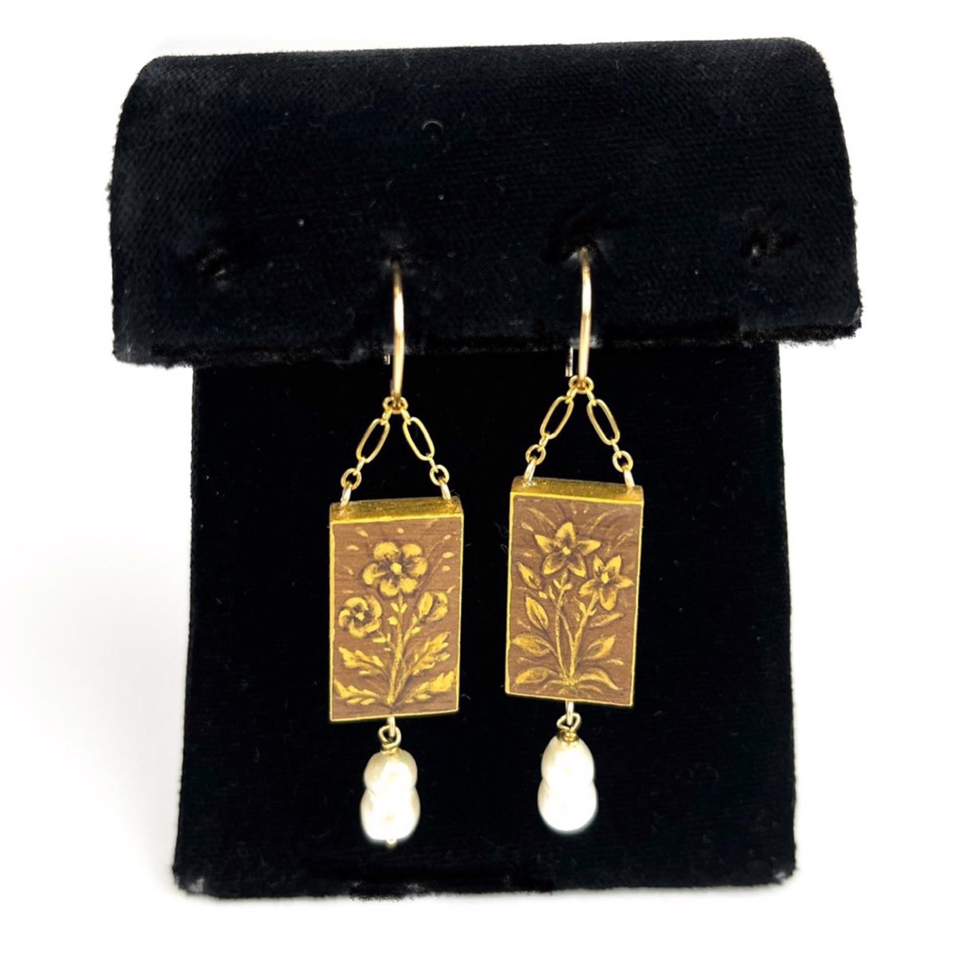 Gold Flowers on Walnut with Baroque Pearl Earrings by Christina Goodman