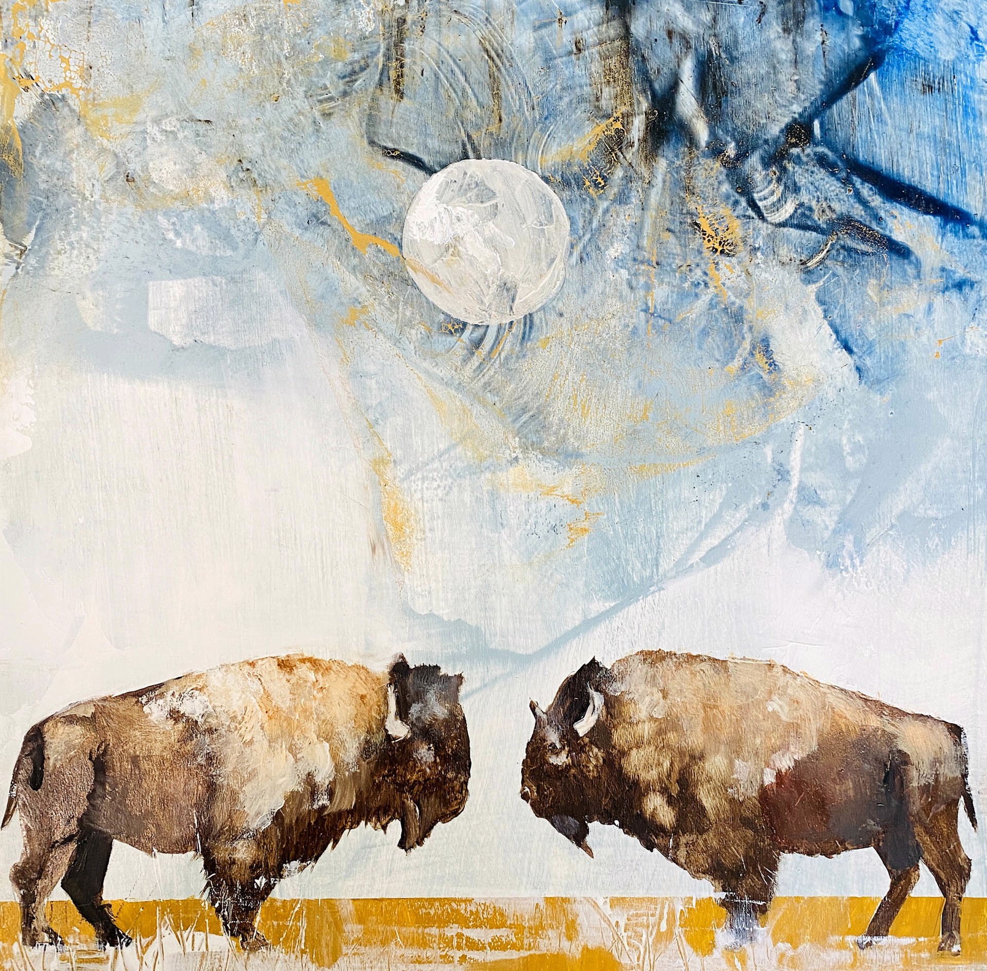 Original Oil Painting Featuring Two Bison Facing Each Other Under Full Moon 