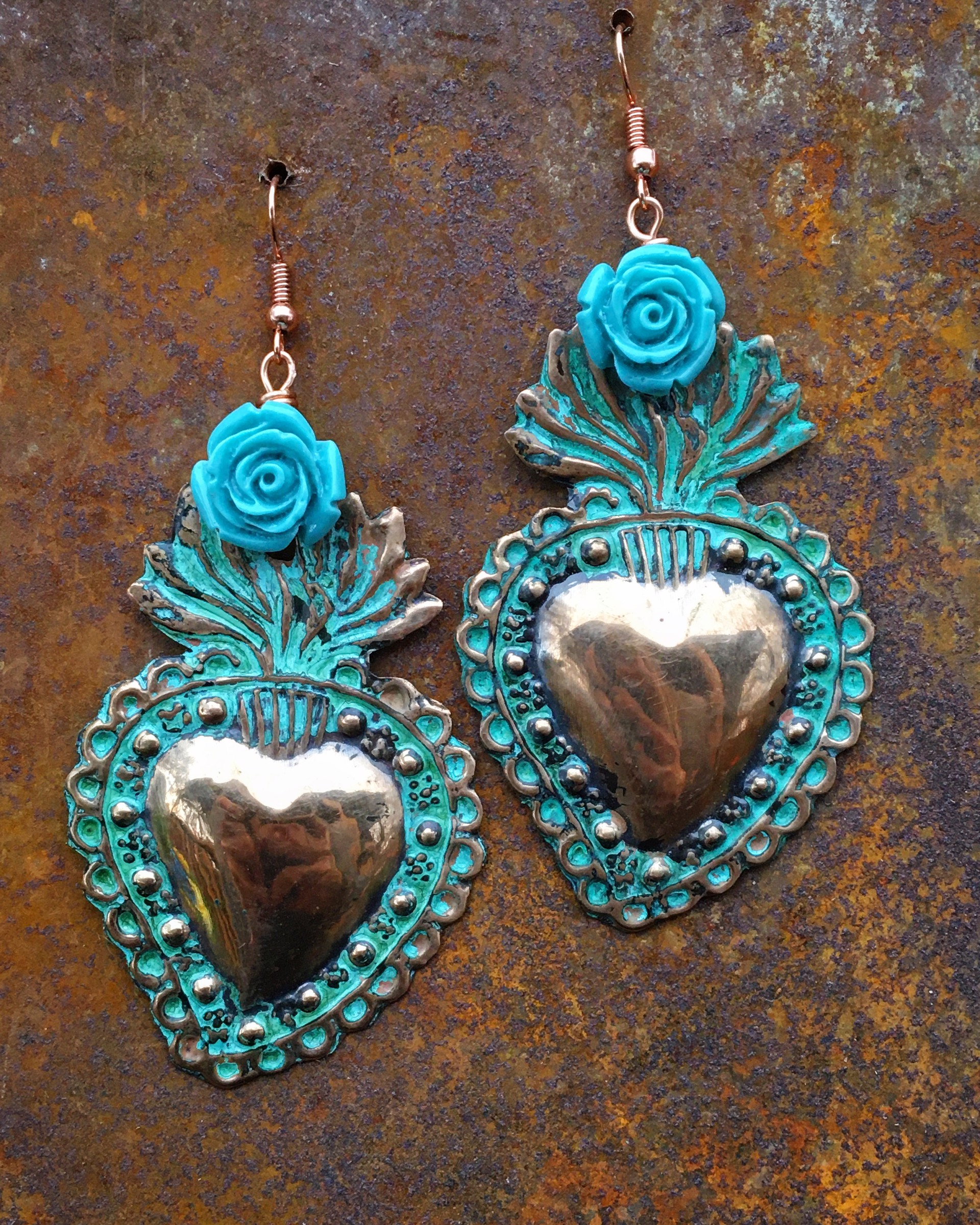 K376 Turquoise Rose Large Copper Sacred Heart Earrings (G.O.) by Kelly Ormsby