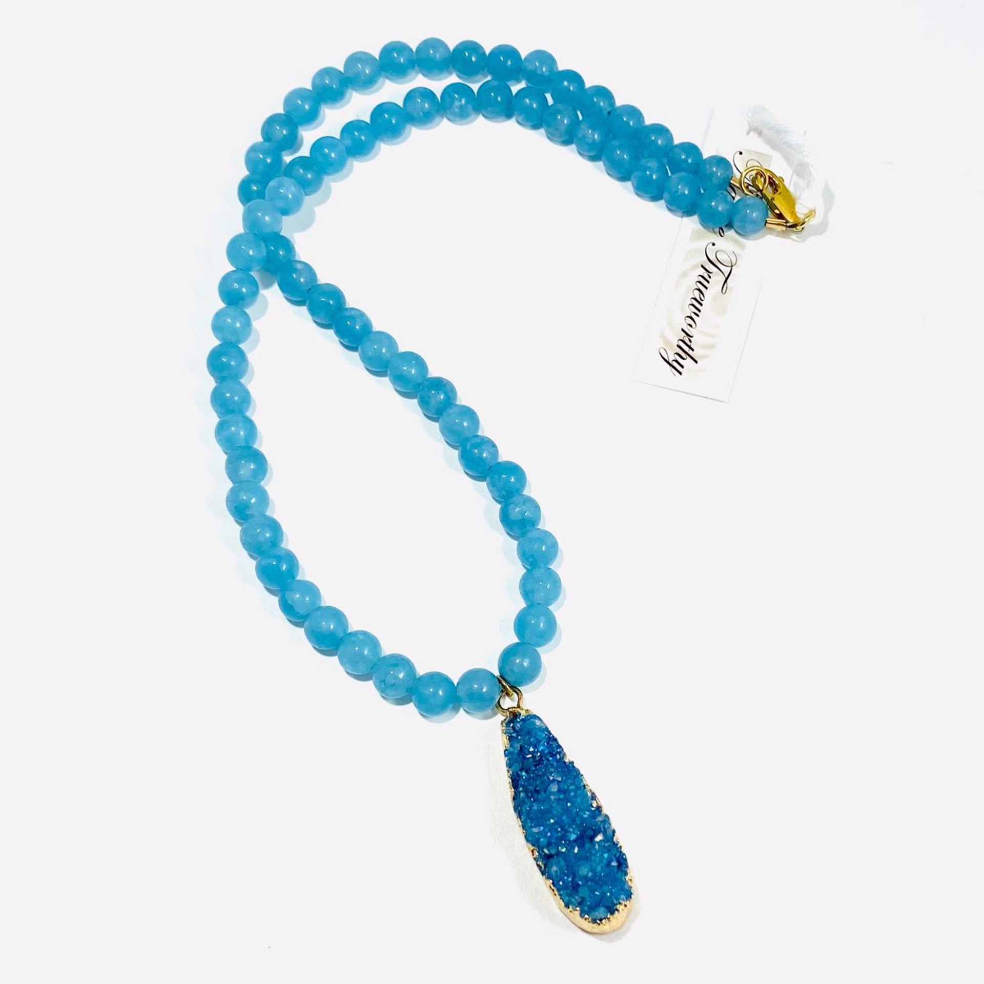 NT22-91 Slim Oval Blue Druzy Pendant Blue Jade Bead Necklace by Nance Trueworthy