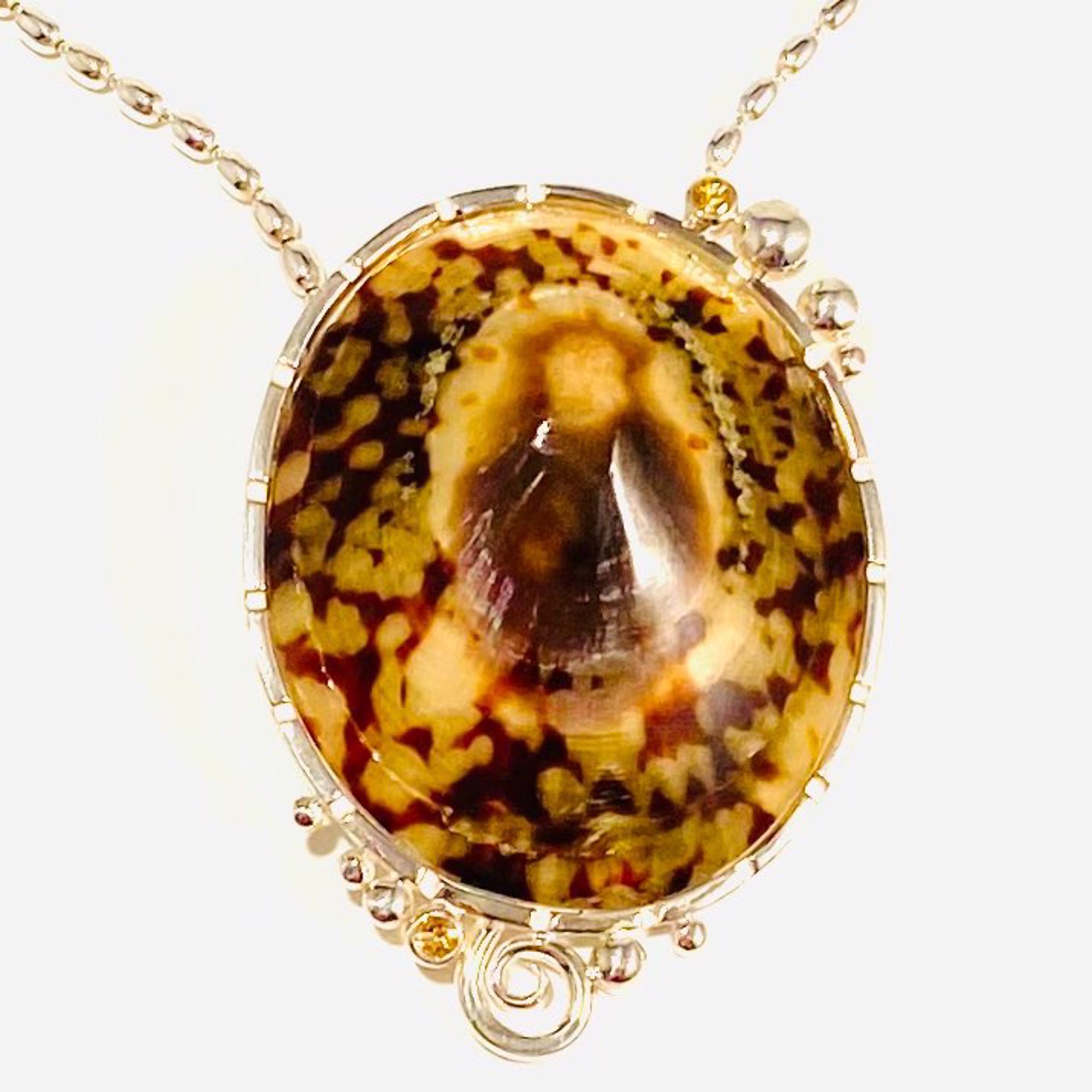 BU22-19  Owl Limpet Shell Topaz Pendant on 18"Silver Rice Chain Necklace by Barbara Umbel