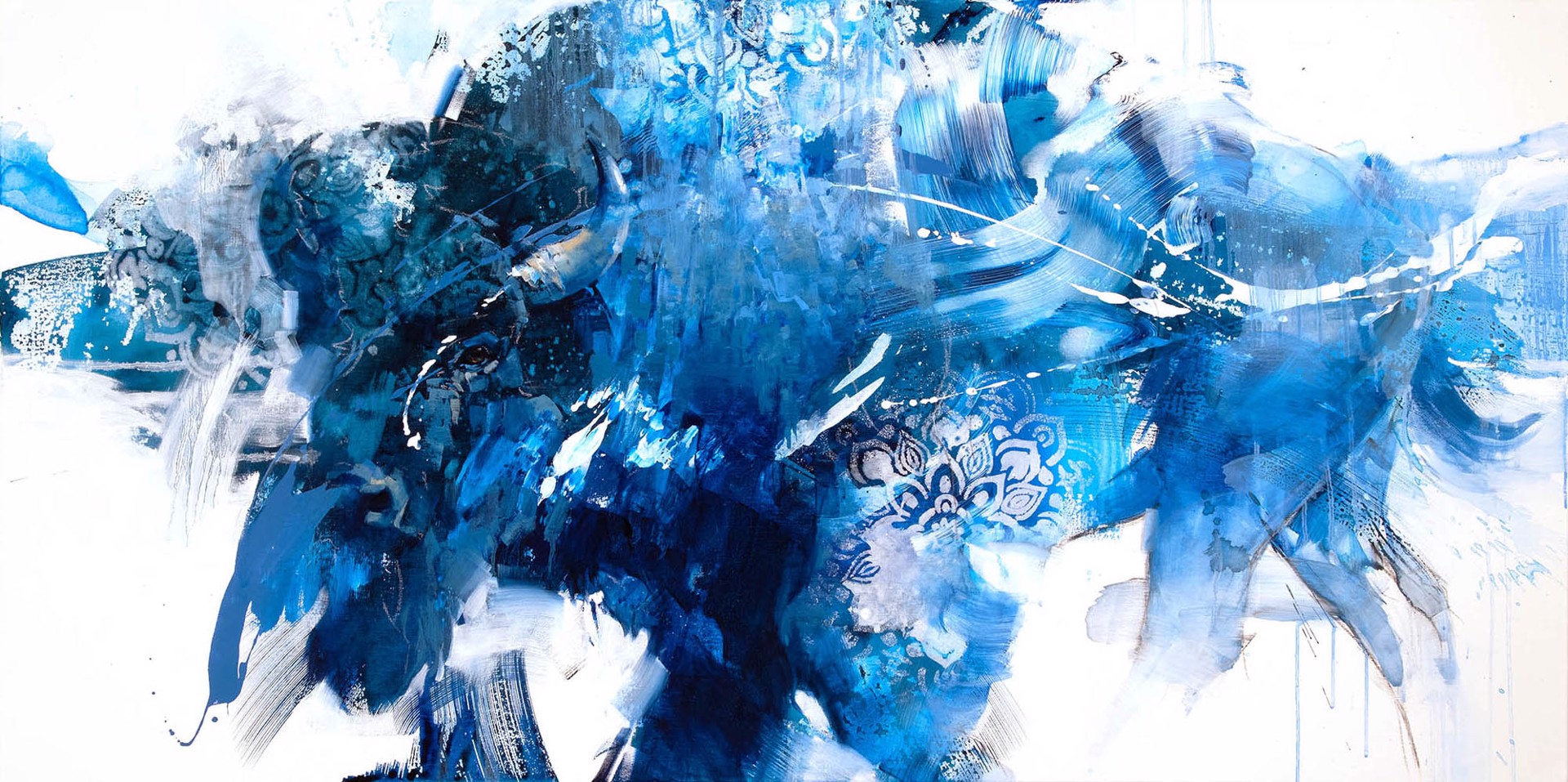 A Contemporary Mixed Media Painting Of An Abstract Blue Bison By Julie Chapman Available At Gallery Wild