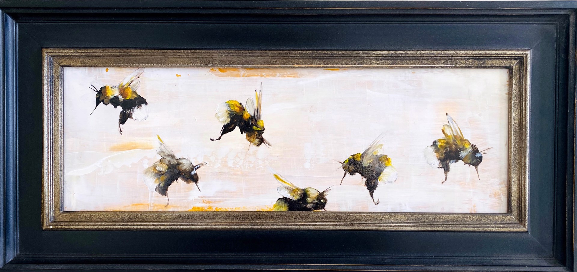 Original Oil Painting In Black Frame Featuring Swarm Of Yellow Bumble Bees On Peach Background