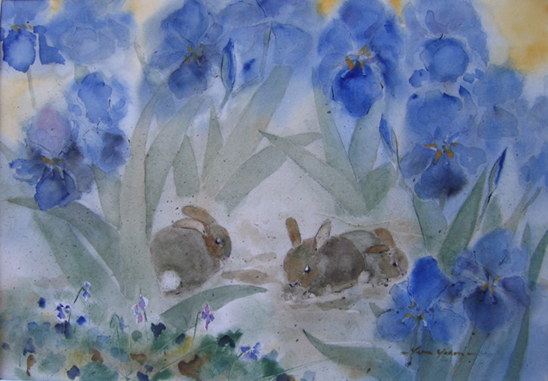Blue Iris and Brush Rabbits by Vern Yadon
