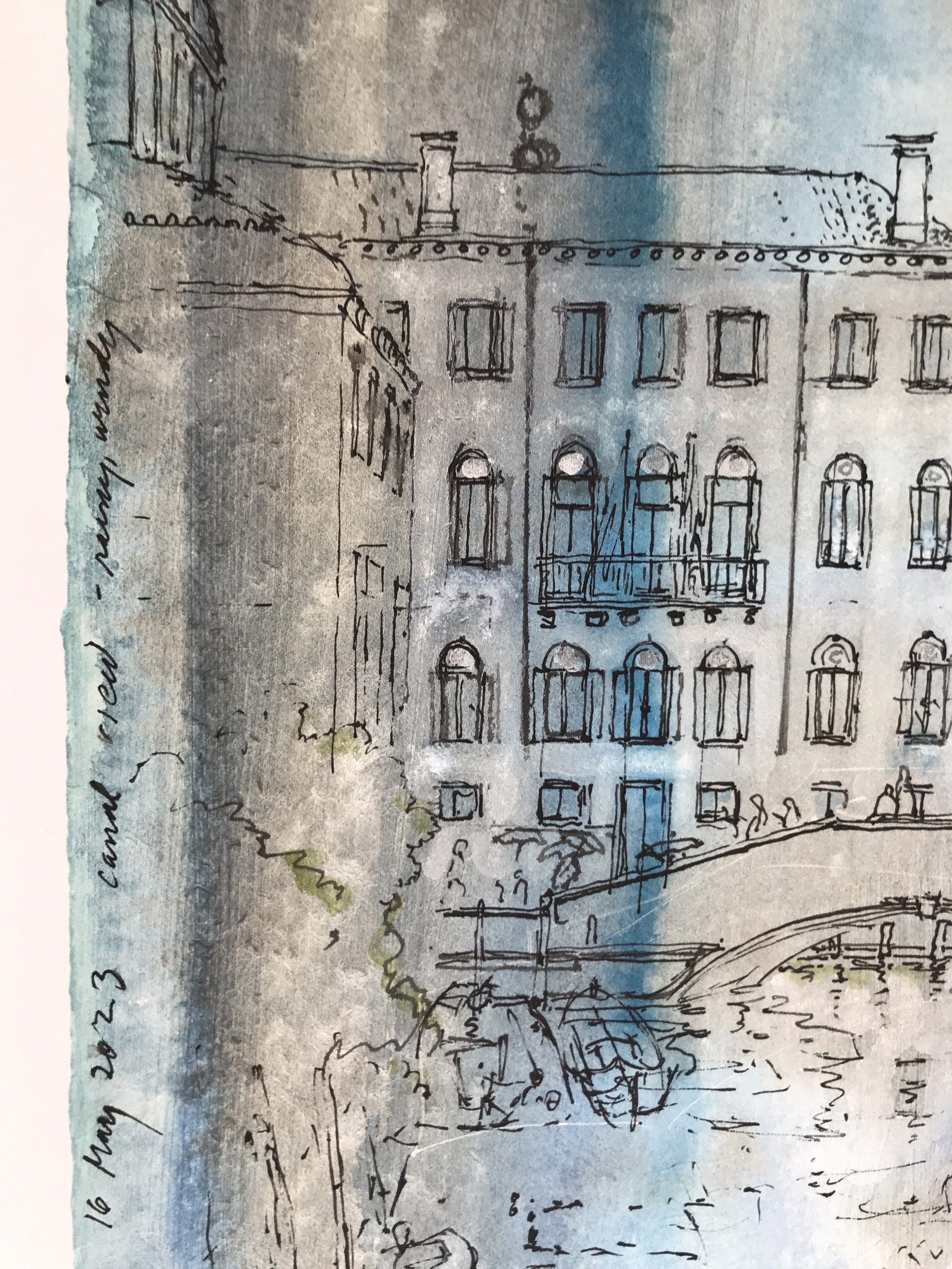 My Wisteria, Venice, 2023: View from my terrace, looking towards Ponte sant’ Agostin. Young seed pods and a whip. Canal view, rainy, windy day. (W. japonica floribunda macrobotrys.) by Amy Worthen