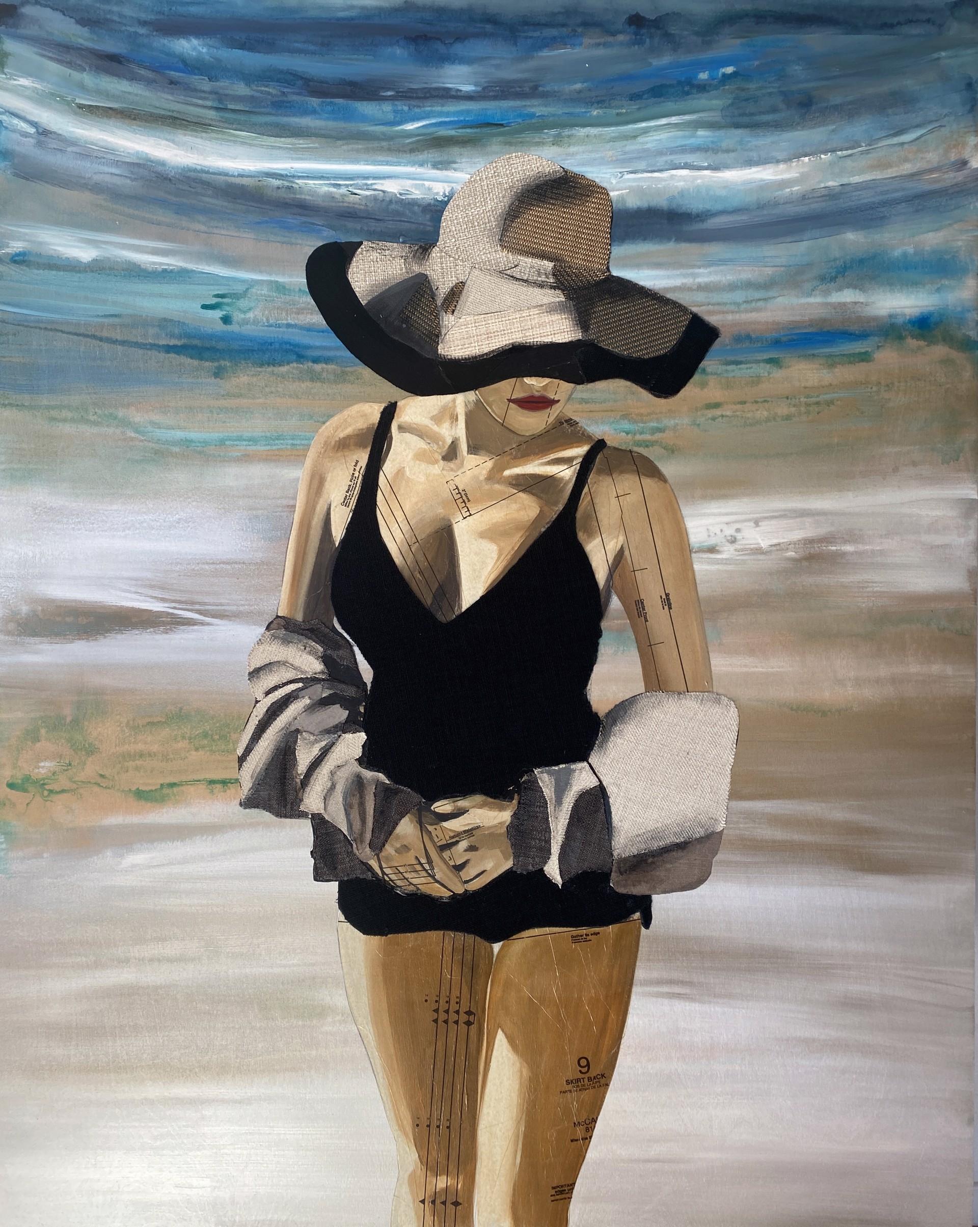 Cushioning Tide by California painter artist Kelsey Irvin is a mixed media painting of a woman with red lips wearing a hat on the beach. 