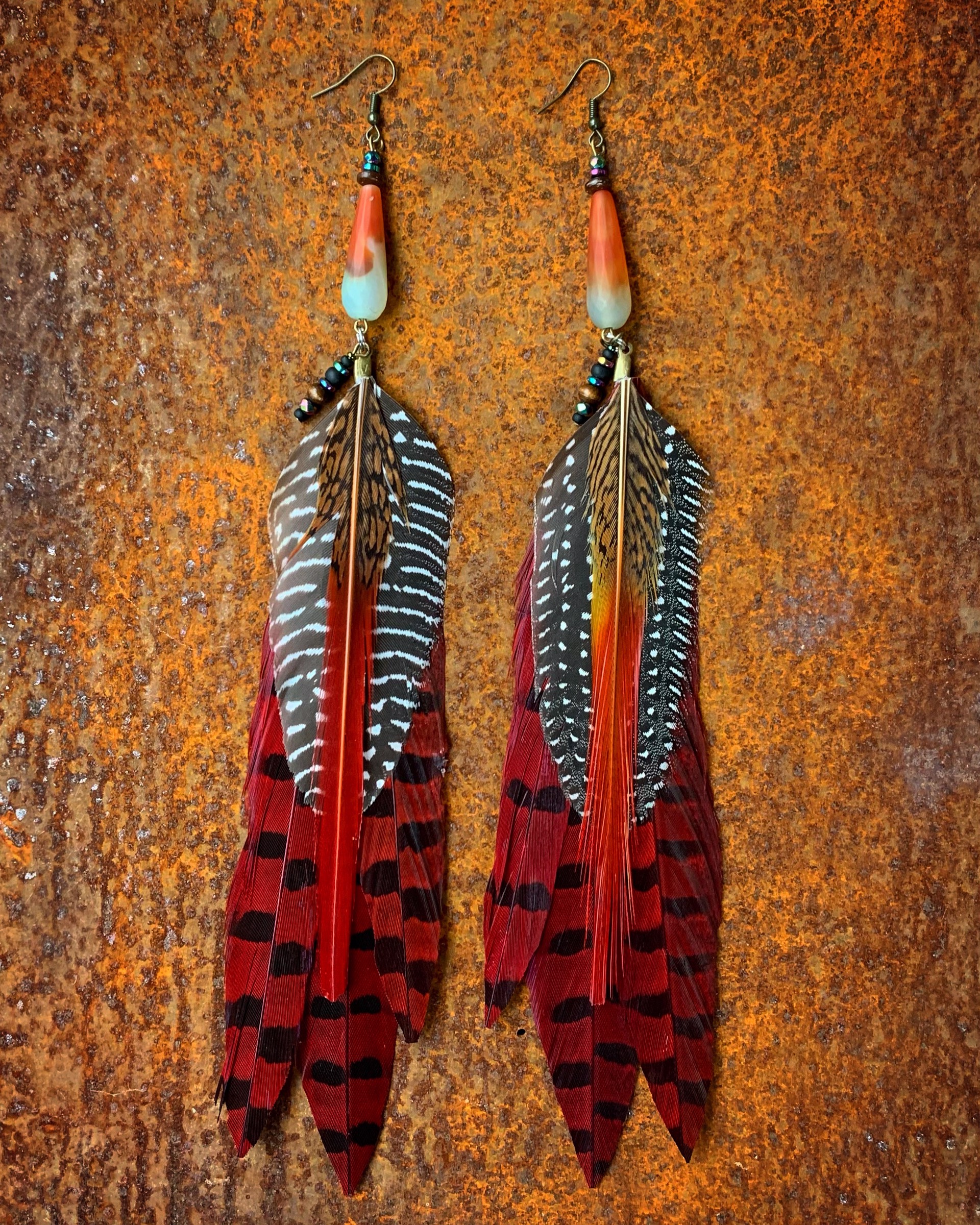 K602 Rainbow Agate with Pheasant Feathers Earrings by Kelly Ormsby