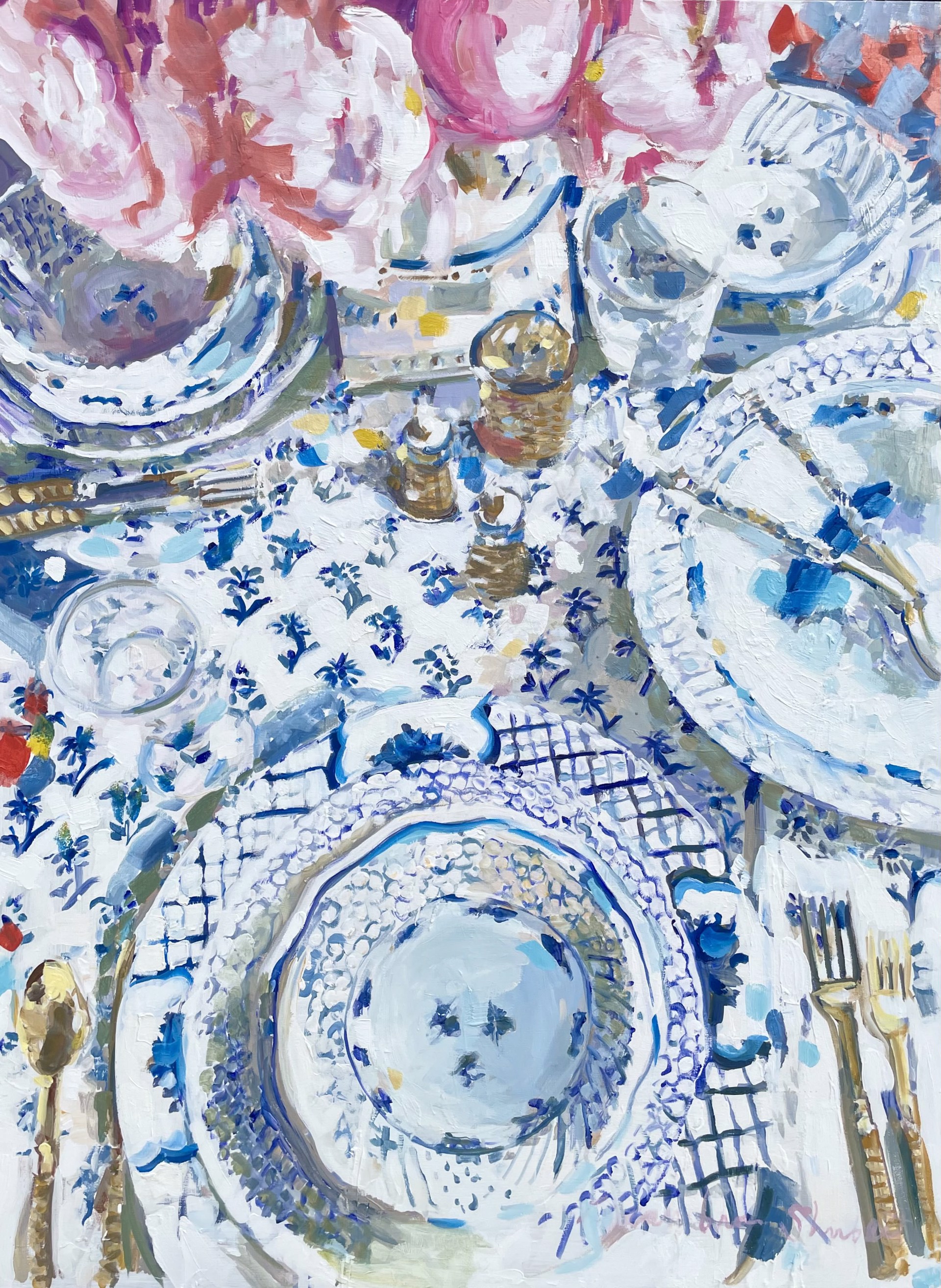 Blue and White Tablecloth and Peonies by Laura Lacambra Shubert