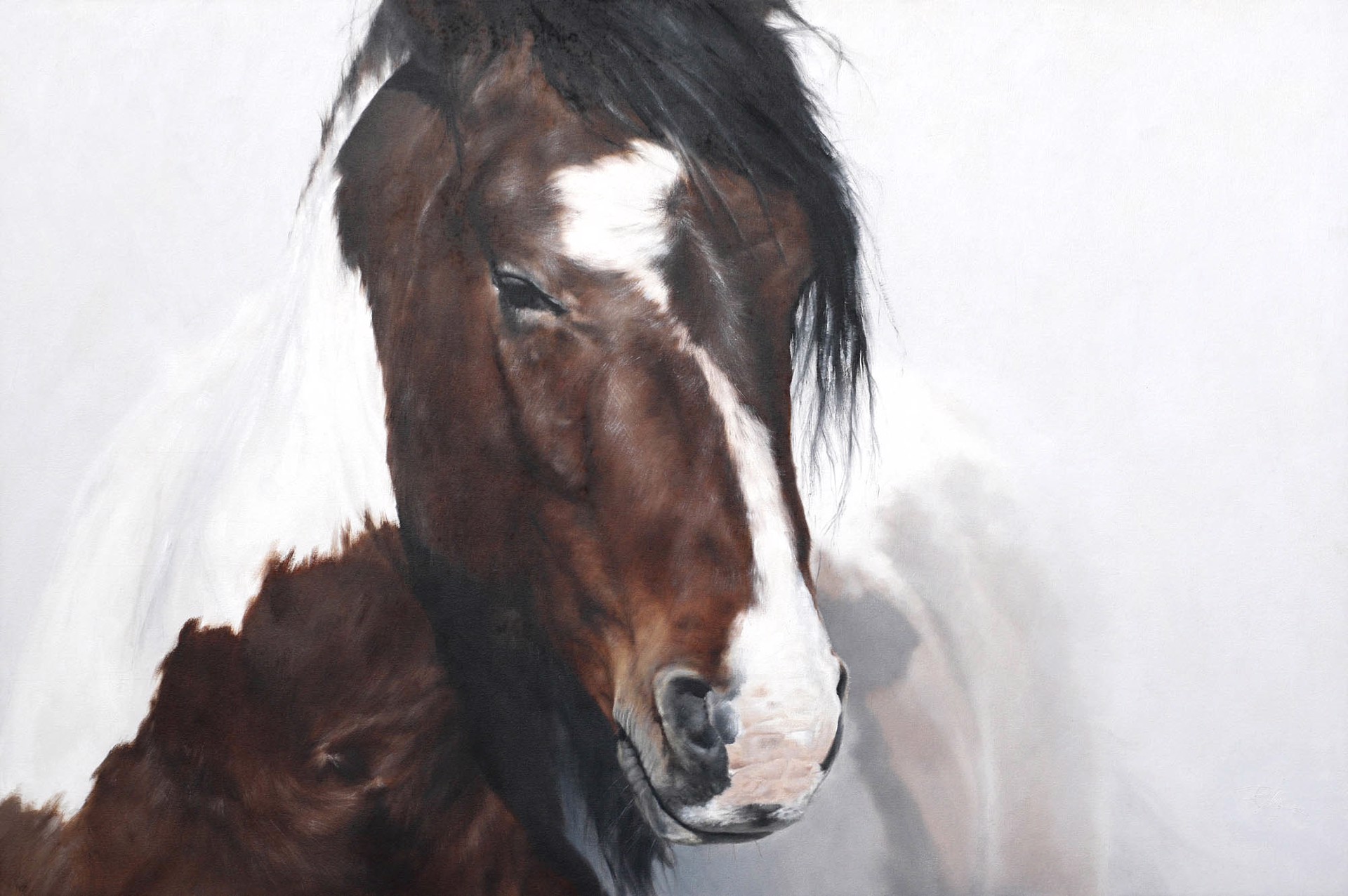 Original Oil Painting Featuring A Brown And White Horse Fading Into White Background