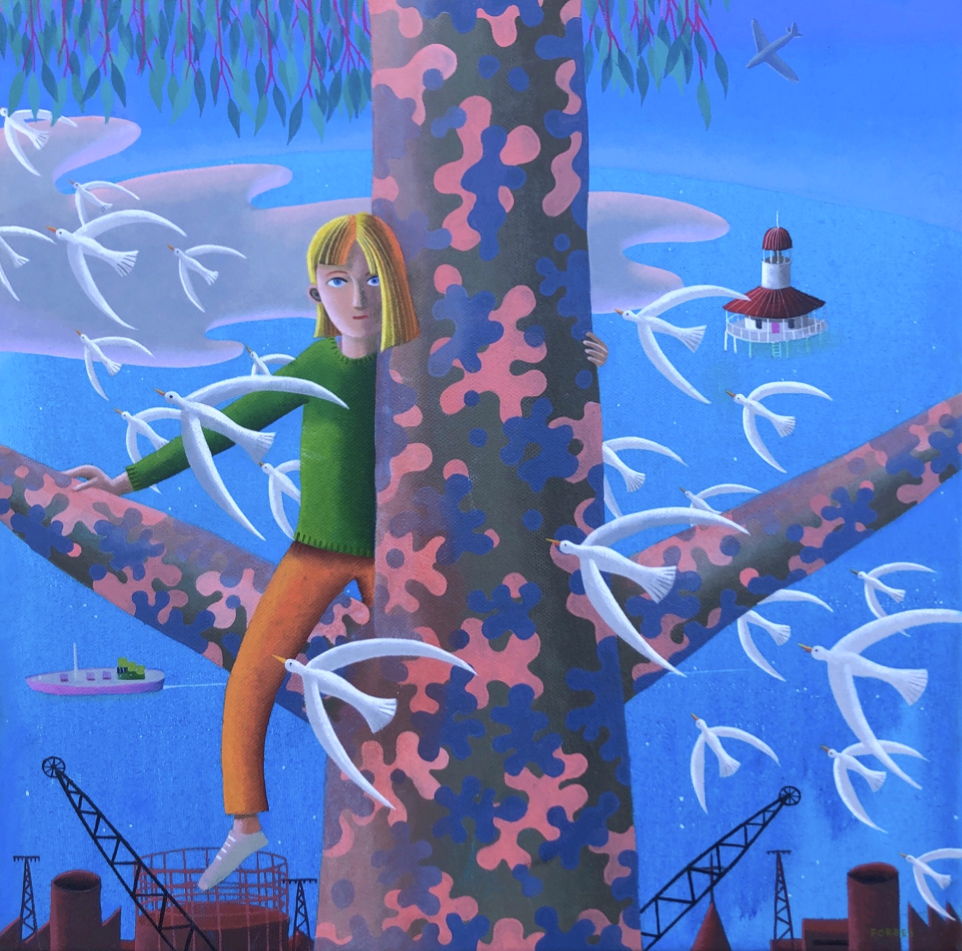 Girl in a Tree With Lighthouse by Rodney Forbes
