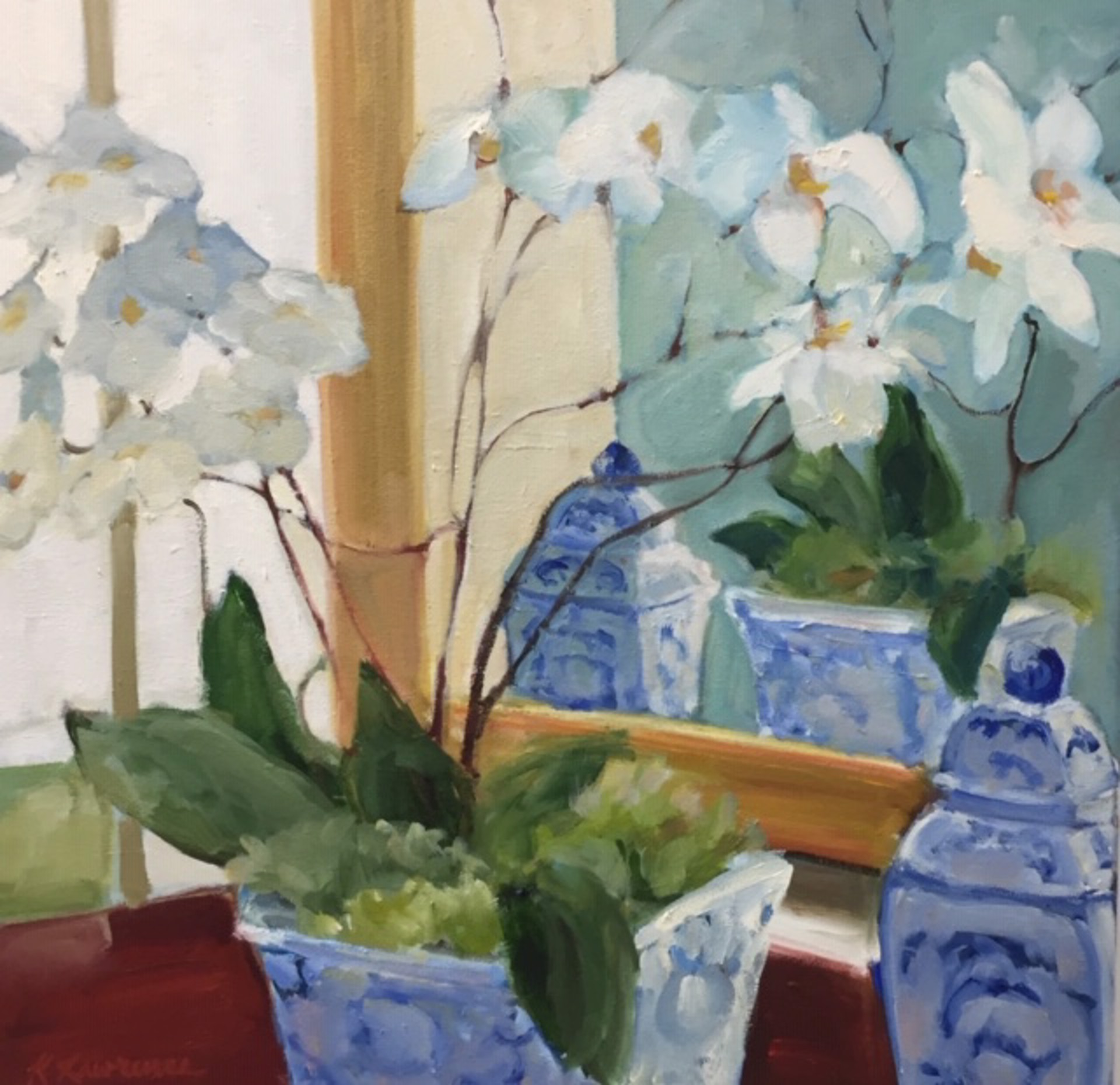 White Orchid with Blue & White by Karen Lawrence