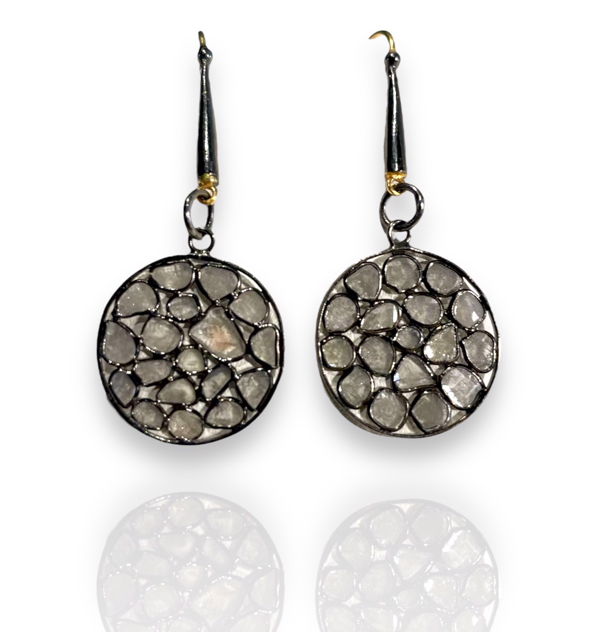 Earrings- Diamond Slices, bezel set in Oxidized Silver with 18k Gold wires by Mara Labell