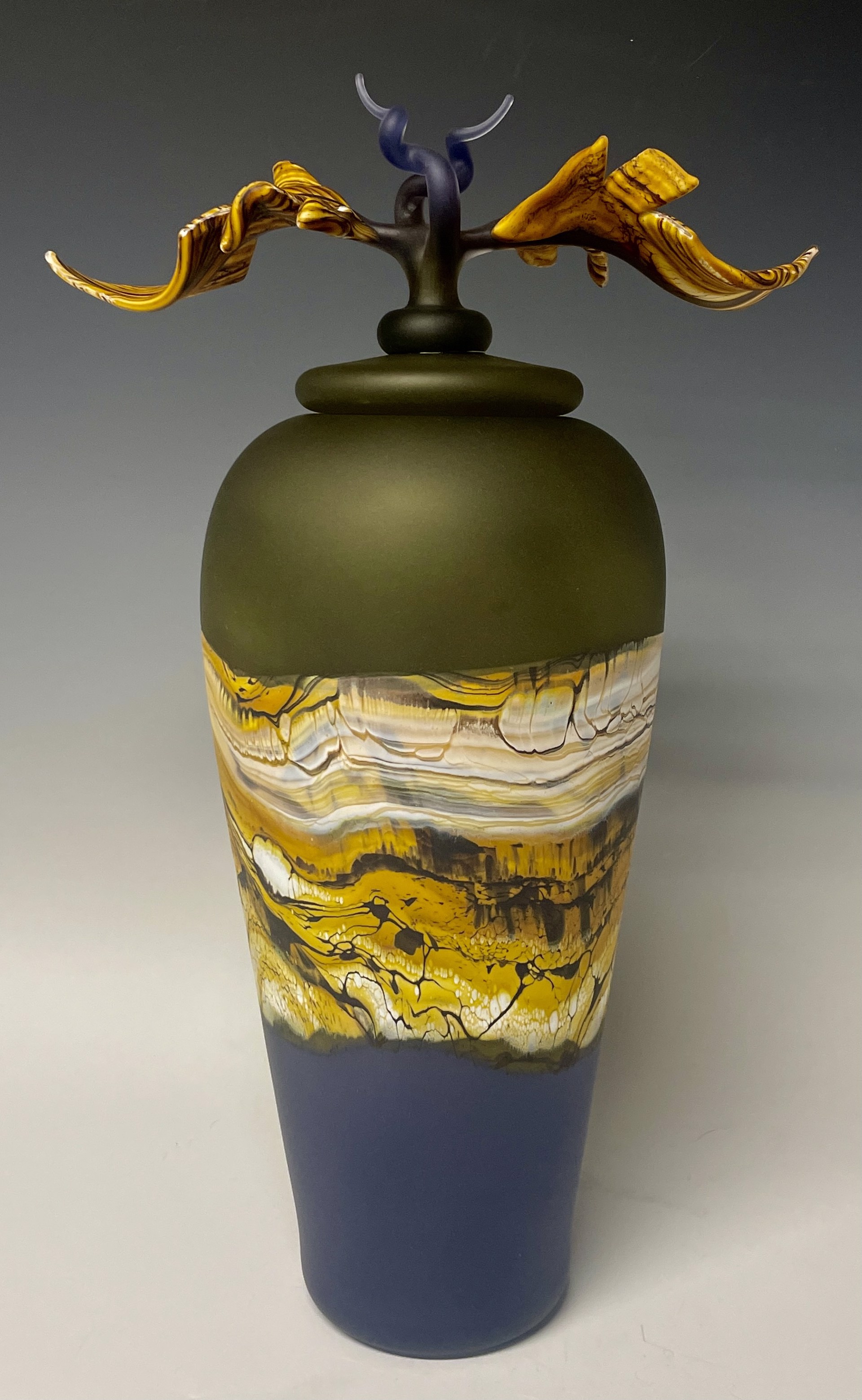 Translucent Covered Vase ~ Lavender and Green with Lavender and Gold Finial Lid by Danielle Blade Stephen Gartner