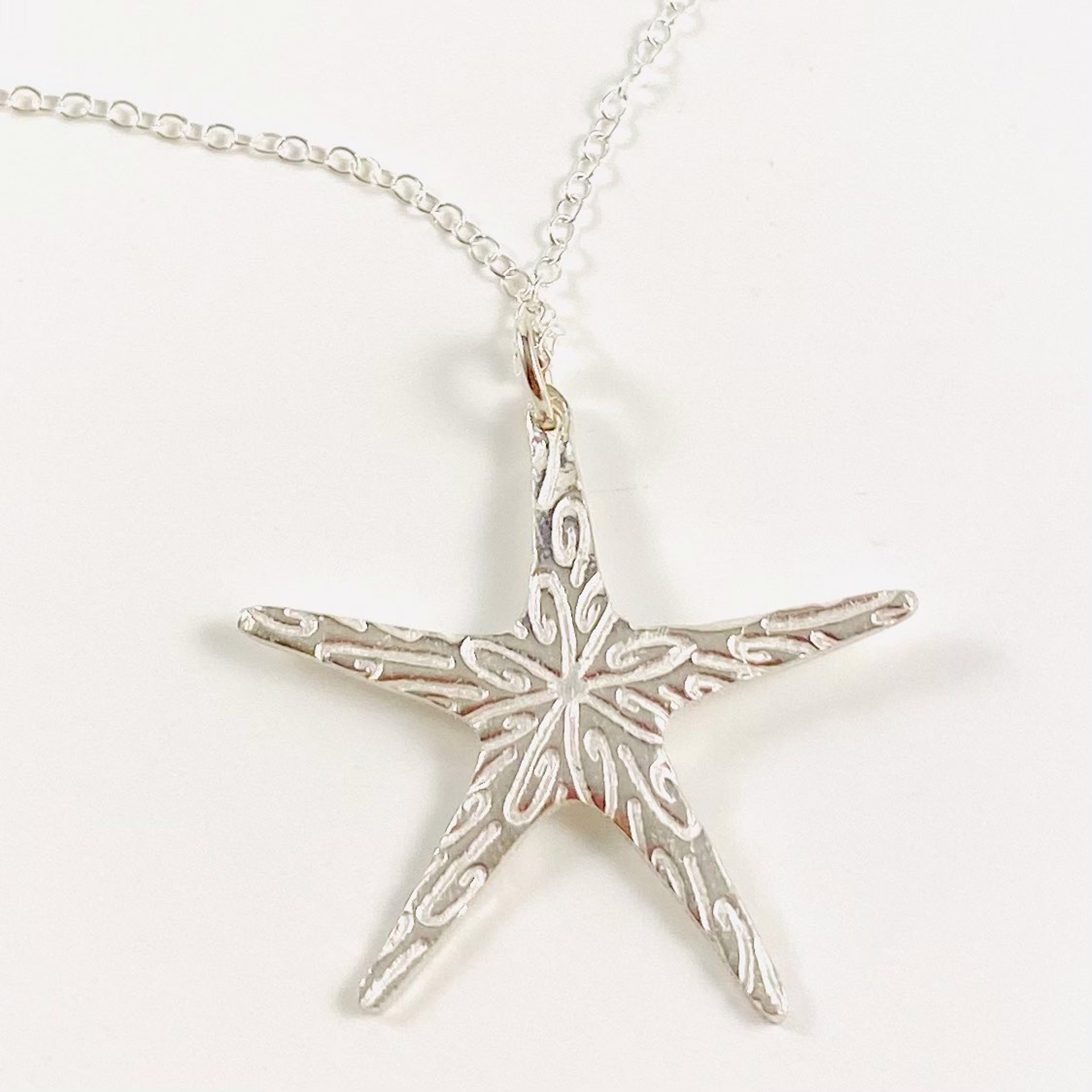 KH22-28 Fine Silver  Starfish Pendant, 18”Rhodium Plate Chain by Karen Hakim