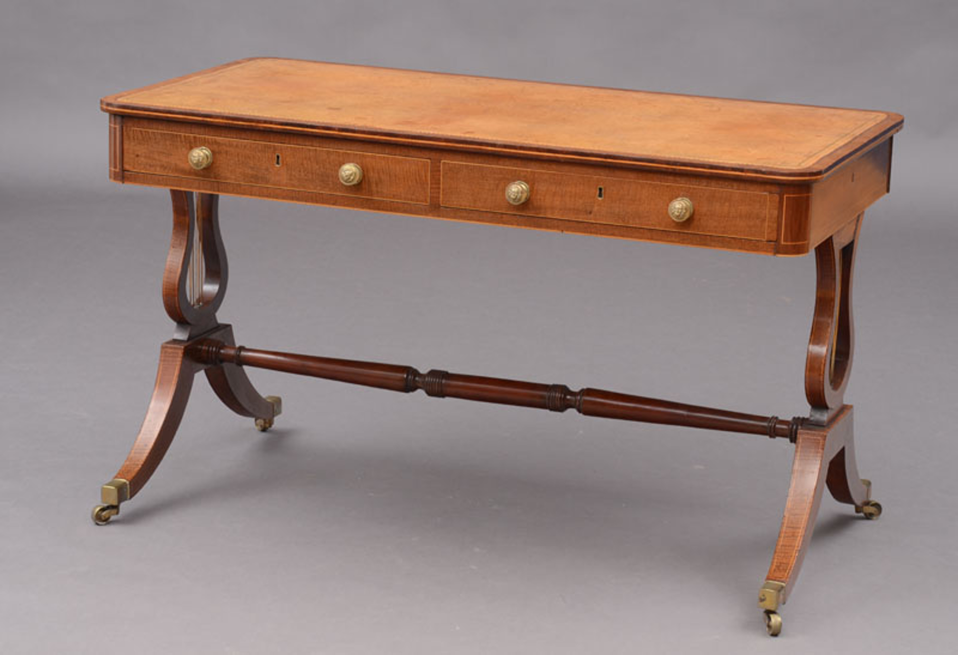 FINE REGENCY HAREWOOD INLAID LIBRARY TABLE