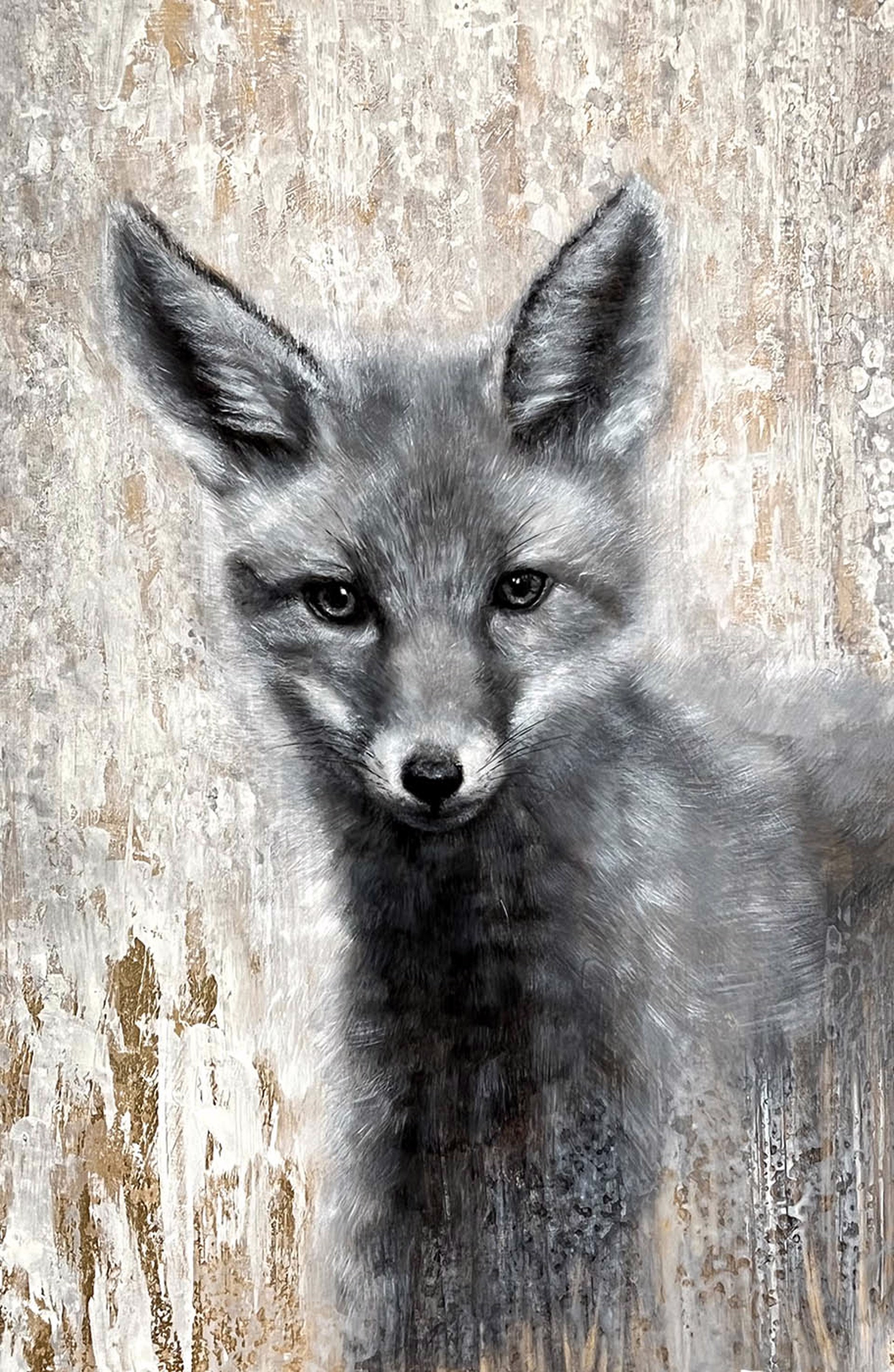 Original Acrylic Painting By Nealy Riley Featuring A Baby Fox In Black And White Over Abstract Gold Leaf Background