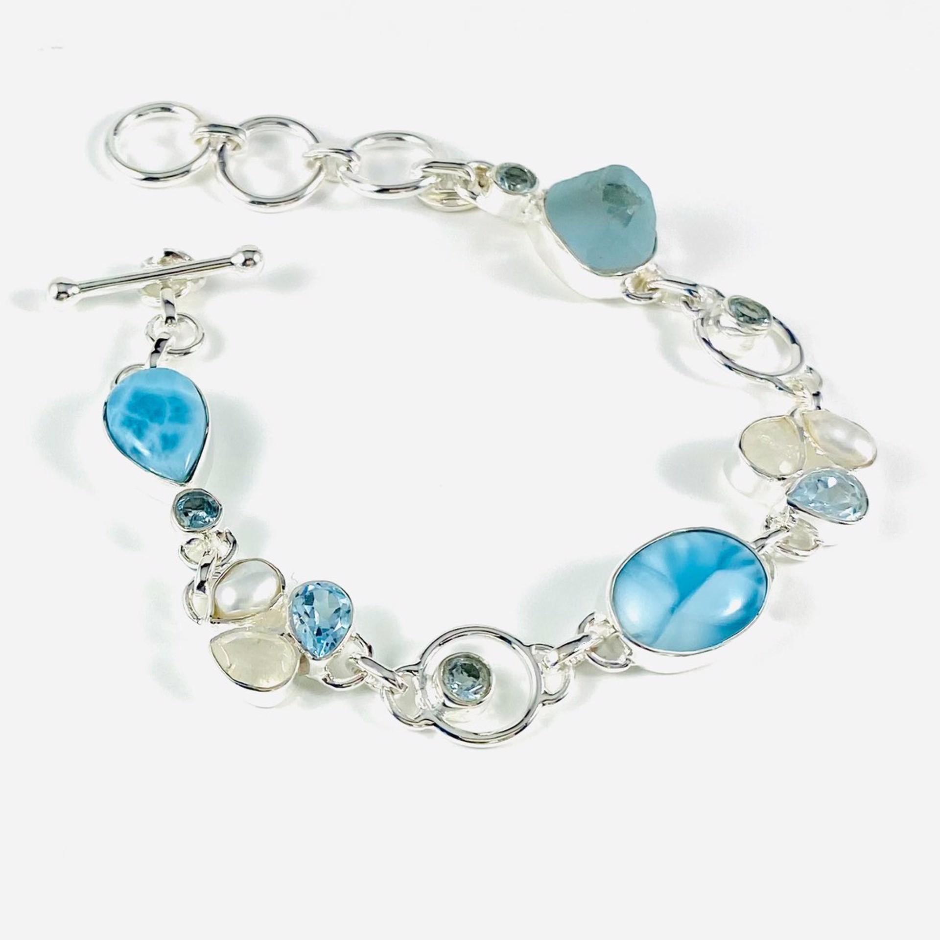 MON22-SB 96 Larimar, Blue Topaz, Moonstone and Pearl Bracelet with 1.5" ext by Monica Mehta