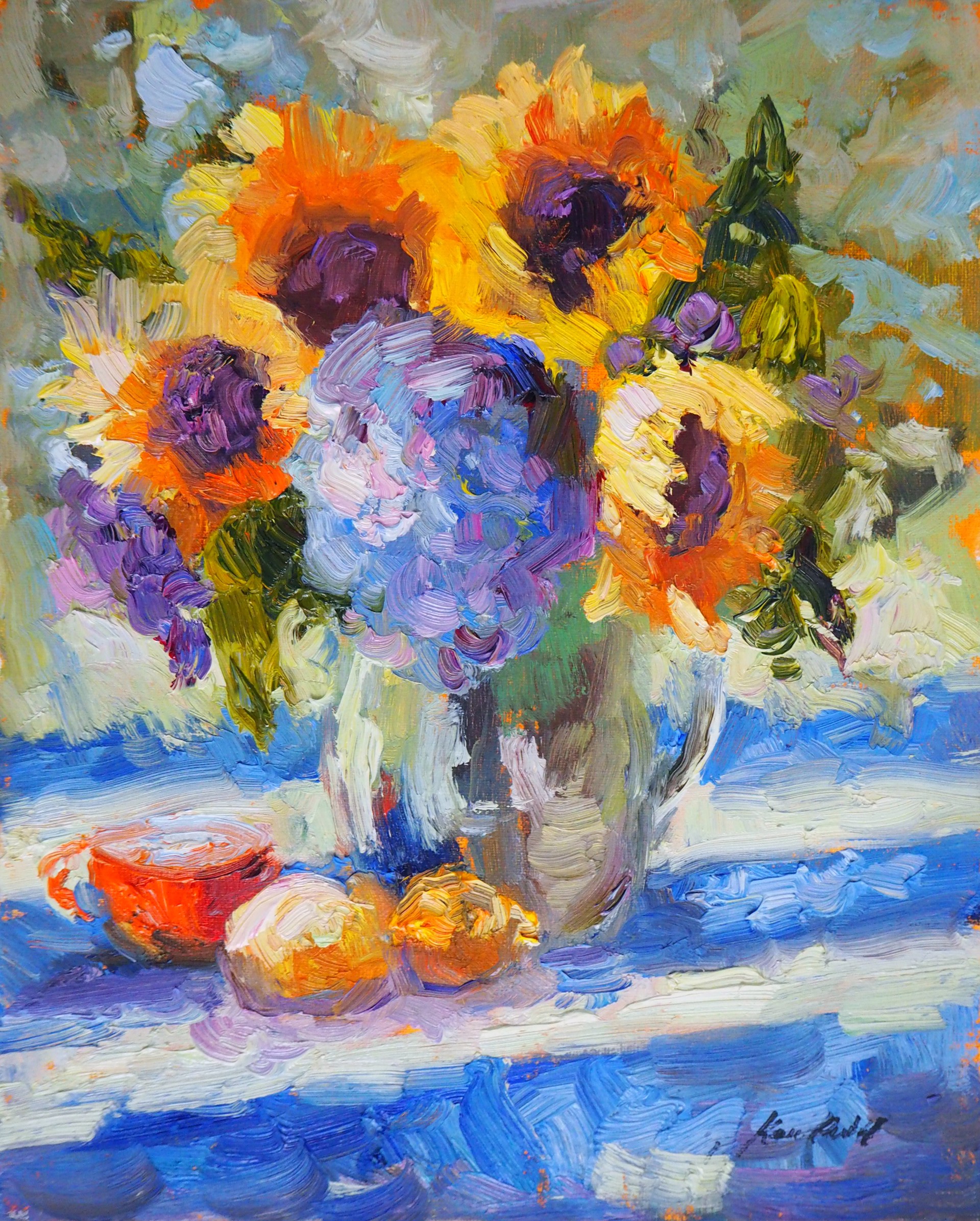 "Hydrangea and Sunflower" original oil painting by Karen Hewitt Hagan
