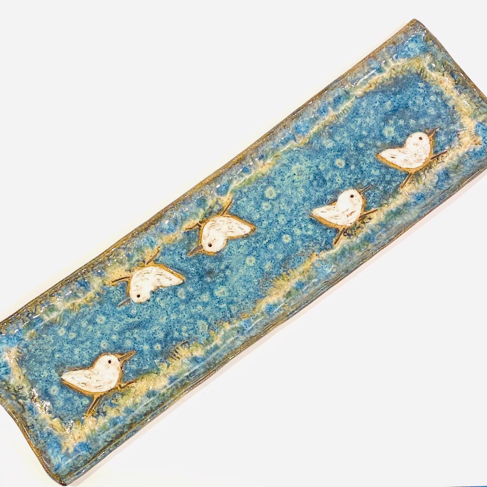 LG22-920 Rectangle Plate with 5 Sandpipers (Blue Glaze) by Jim & Steffi Logan