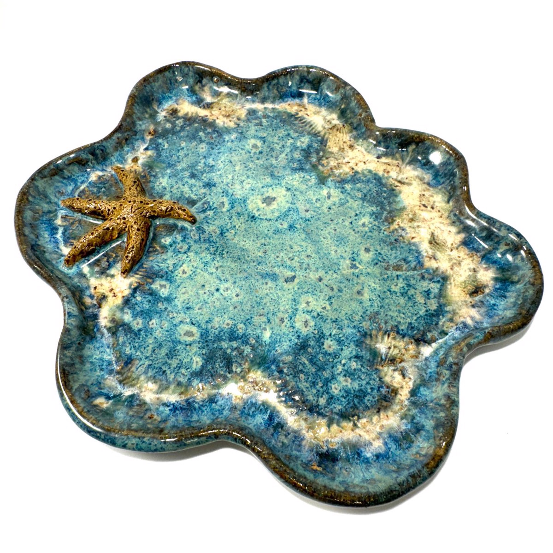 Plate with One Starfish (Blue Glaze) LG24-1224 by Jim & Steffi Logan
