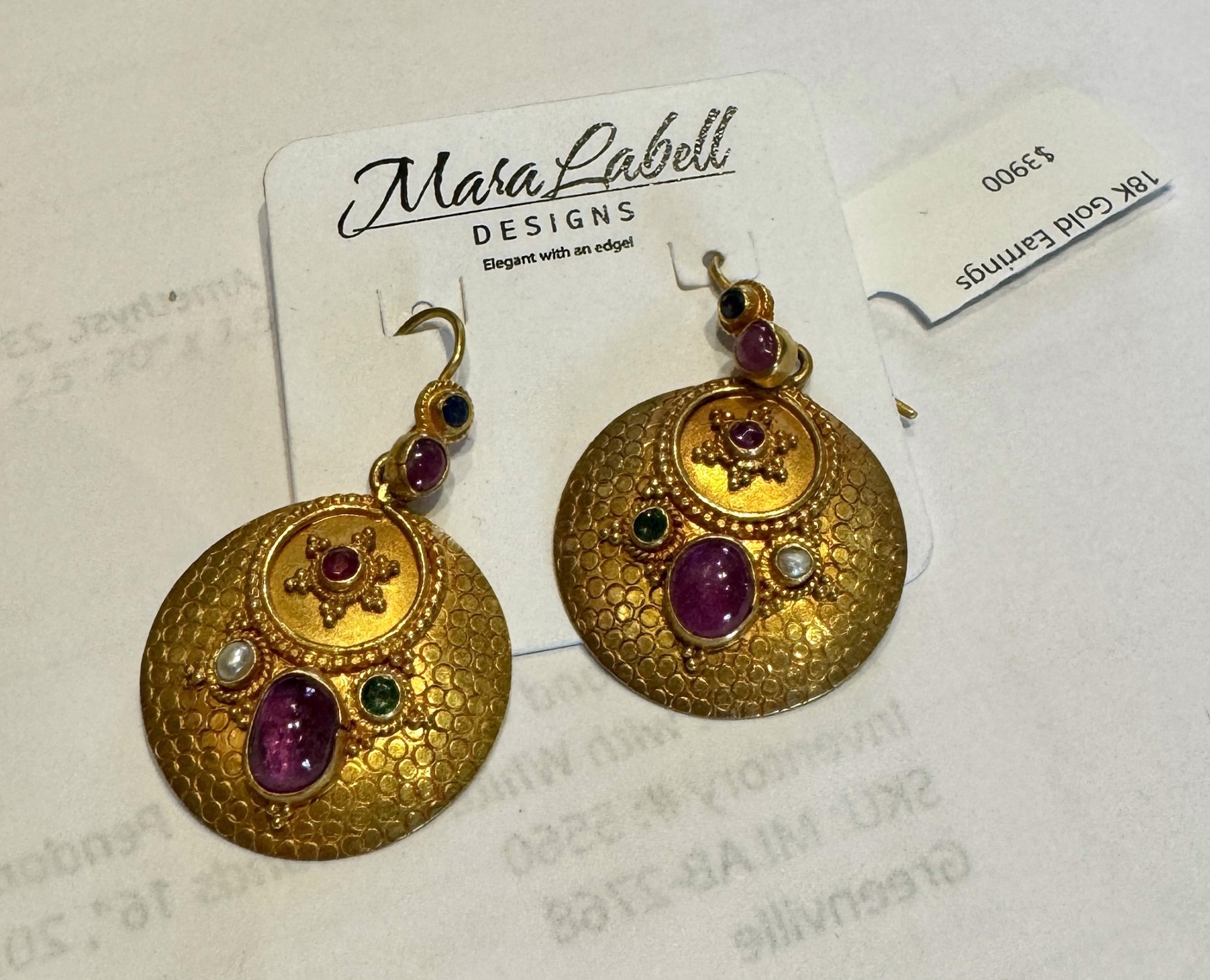 Disk with Star Earrings- 18k Gold, Ruby, Emerald, and Pearl by Mara Labell