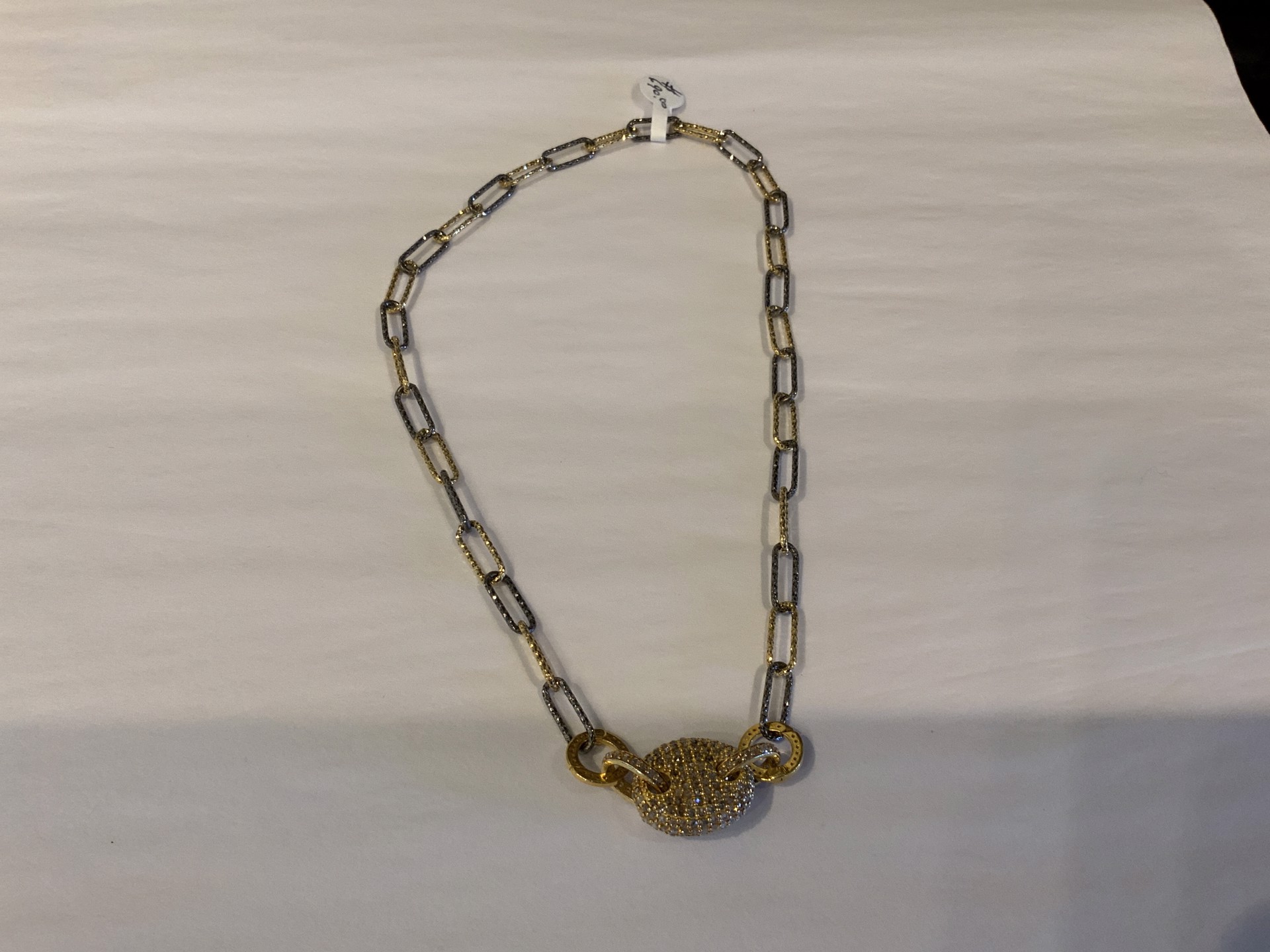 Two Tonw Paper Clip Pave Diamond Necklace by Karen Birchmier