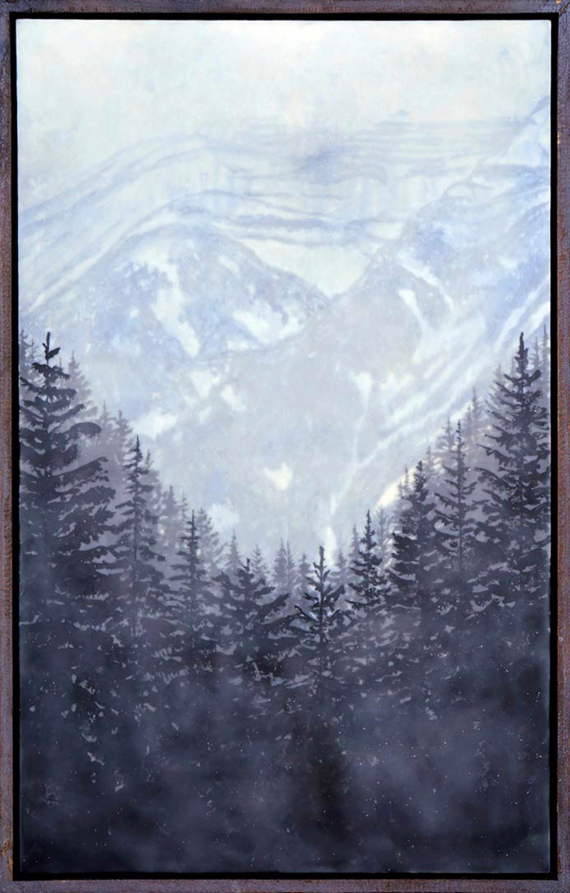 Original Encaustic Painting By Bridgette Meinhold Winter Scene With Big Mountains In The Background Tall Pines Surrounding Blue And White Snowy Landscape