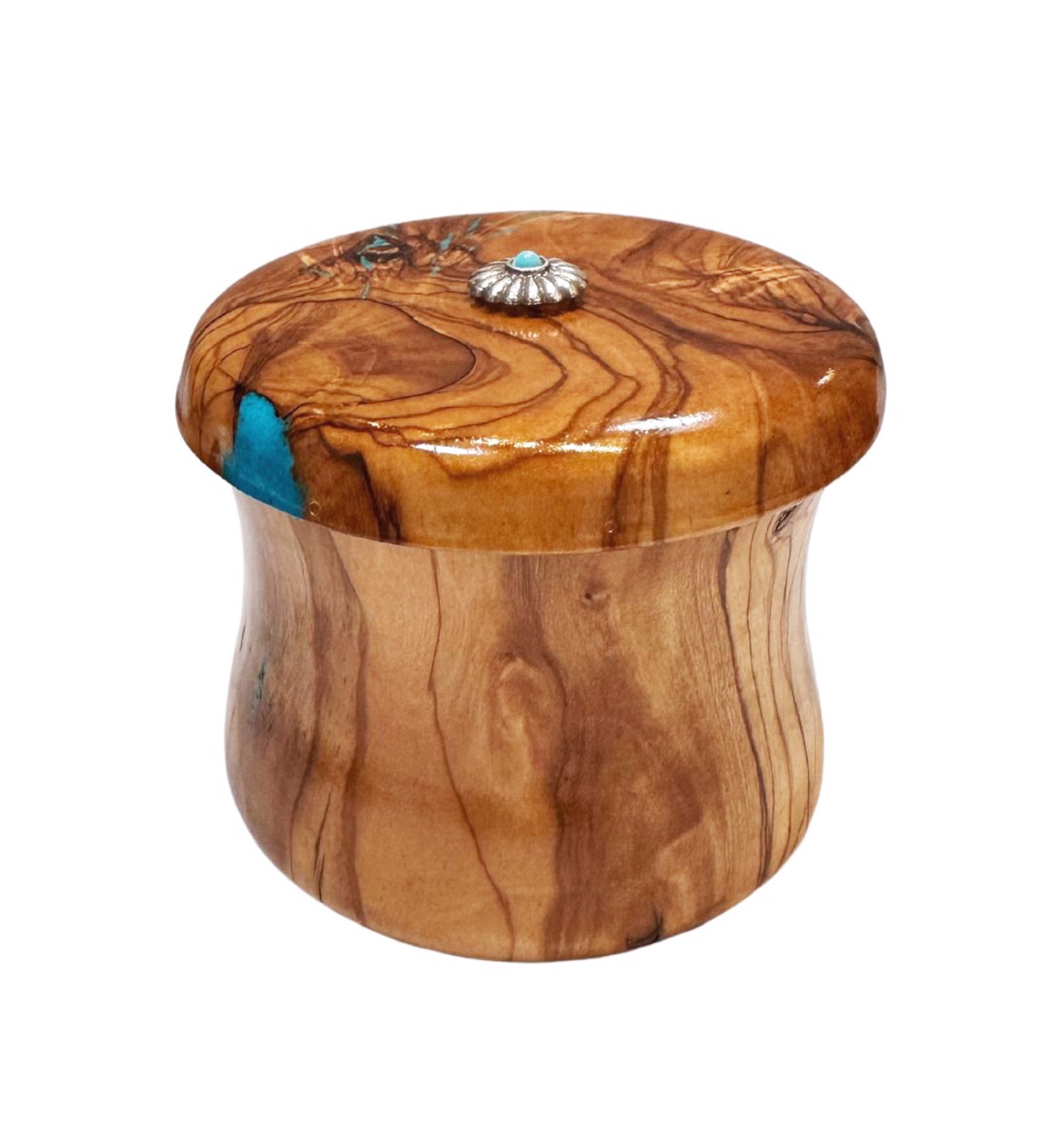 Spalted Elder Lidded Bow with Turquoise Inlay & Silver Rosette by Jim Scott
