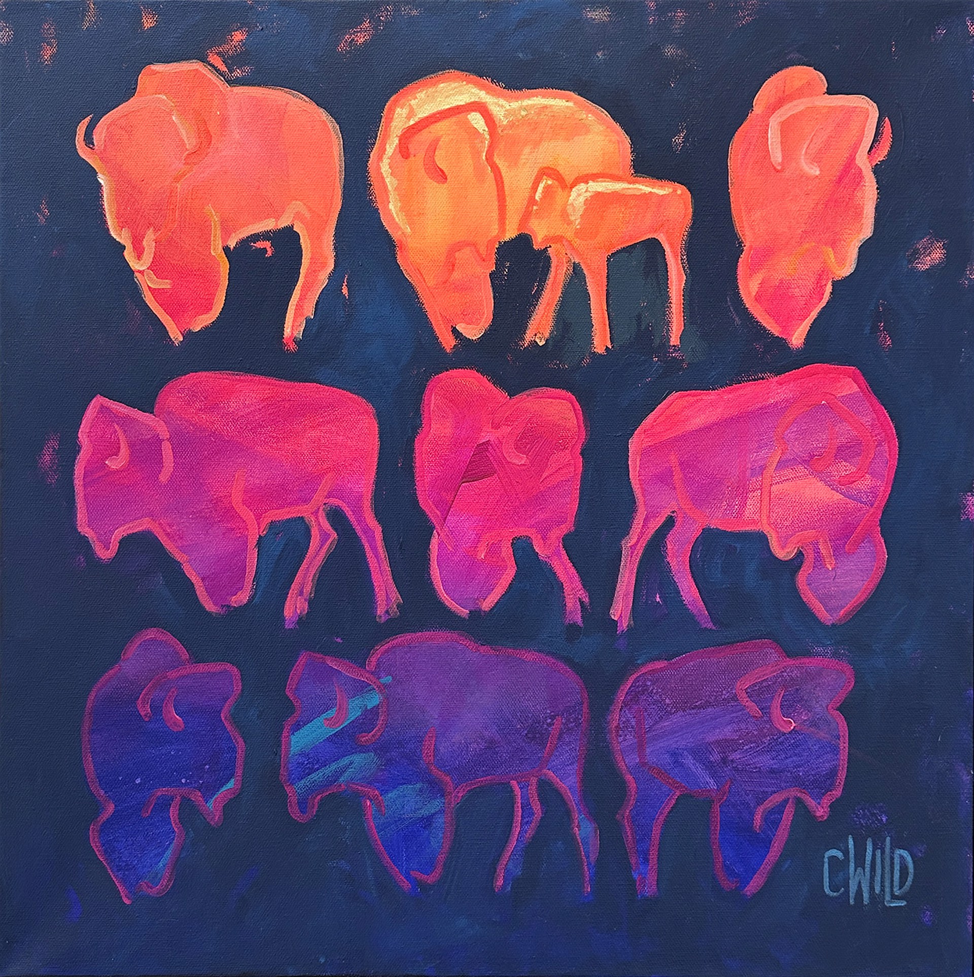 Original Oil Painting By Carrie Wild Featuring Three Rows Of Outlined Bison On Abstract Pink And Purple Background