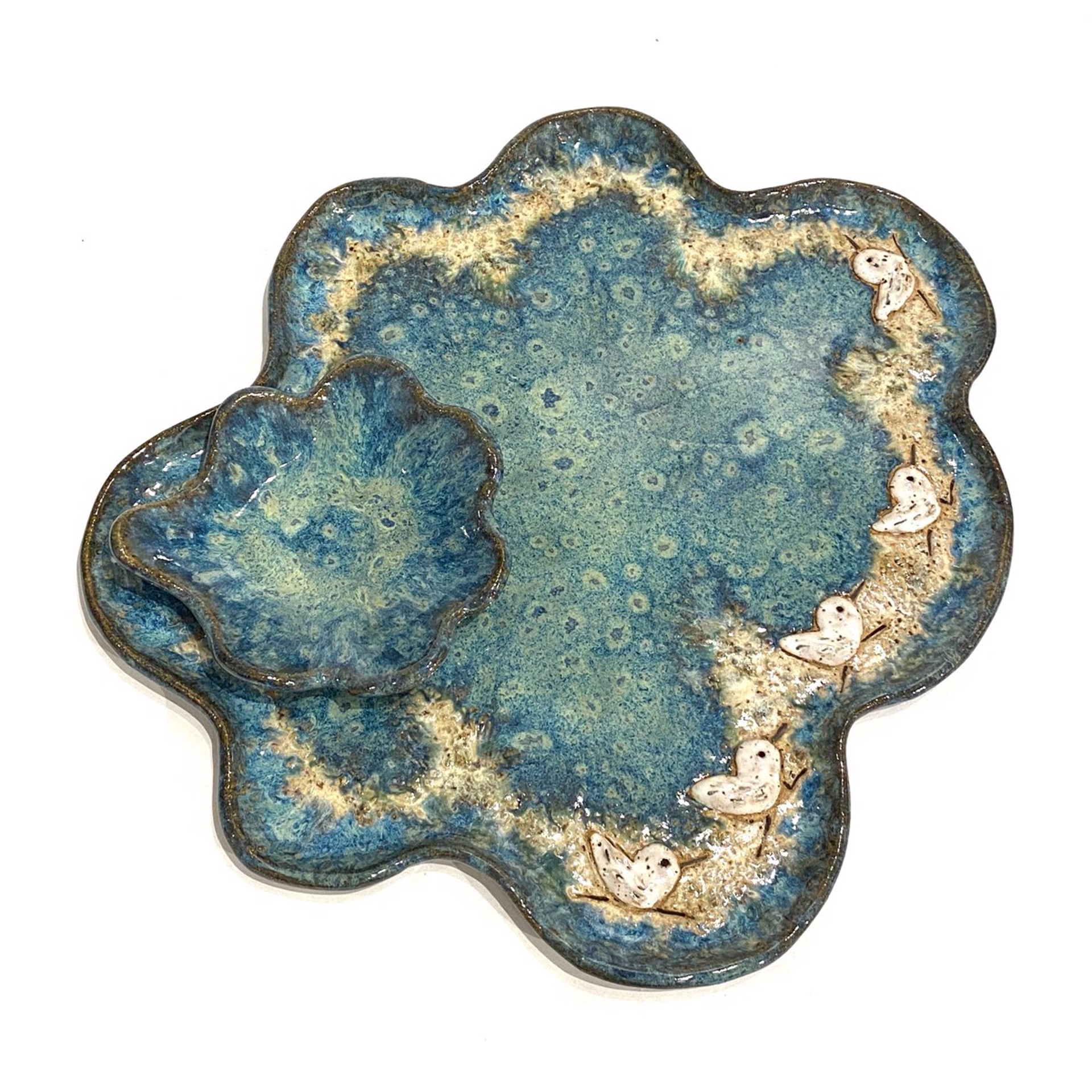 LG23-991  Chip N Dip with Five Sandpipers (Blue Glaze) by Jim & Steffi Logan