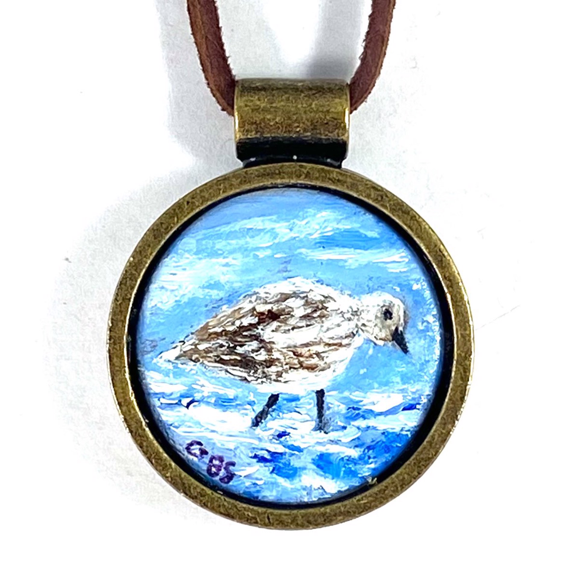BS22-16 Sandpiper in The Surf-pendent on leather by Barbara Sawyer