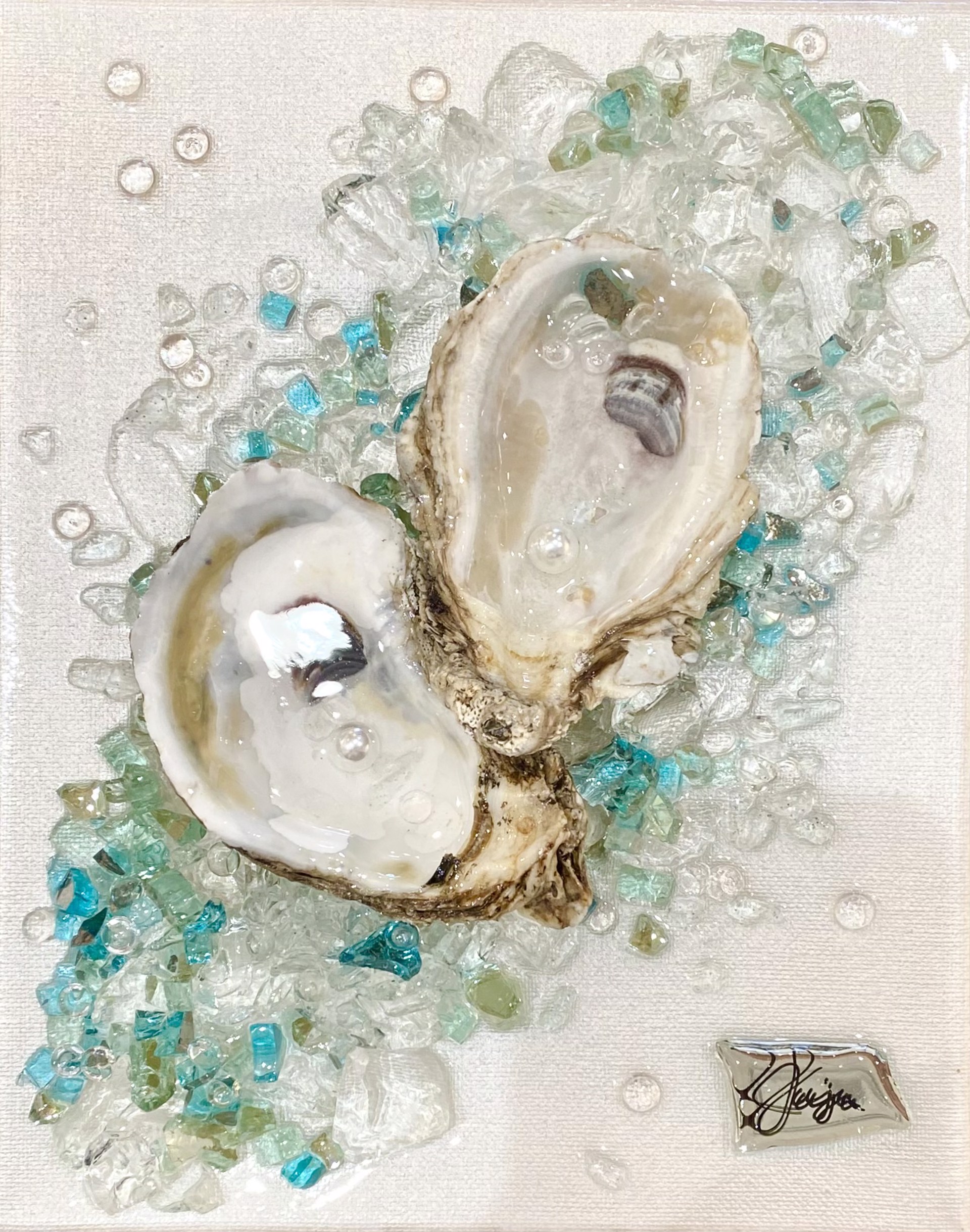 Pearl and Aqua Halfshell Heart by Good Juju Glass Art