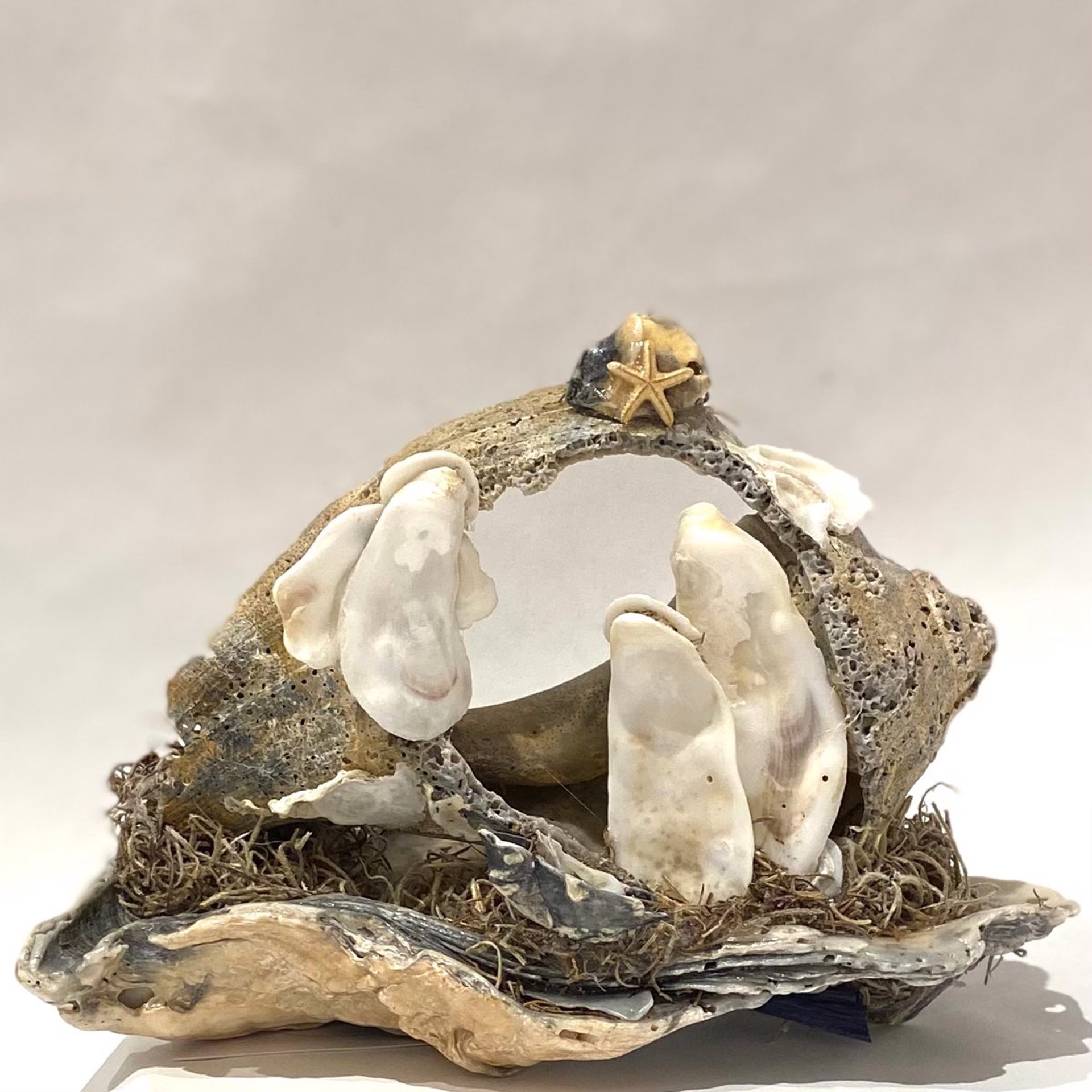 CN22-39 Crèche from the Sea -Whelk On Large Grey Oyster Shell by Chris Nietert