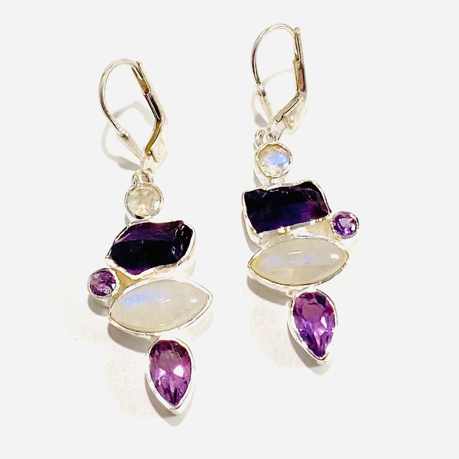 MON22-13 Moonstone, Rough and Faceted Amethyst Earrings by Monica Mehta