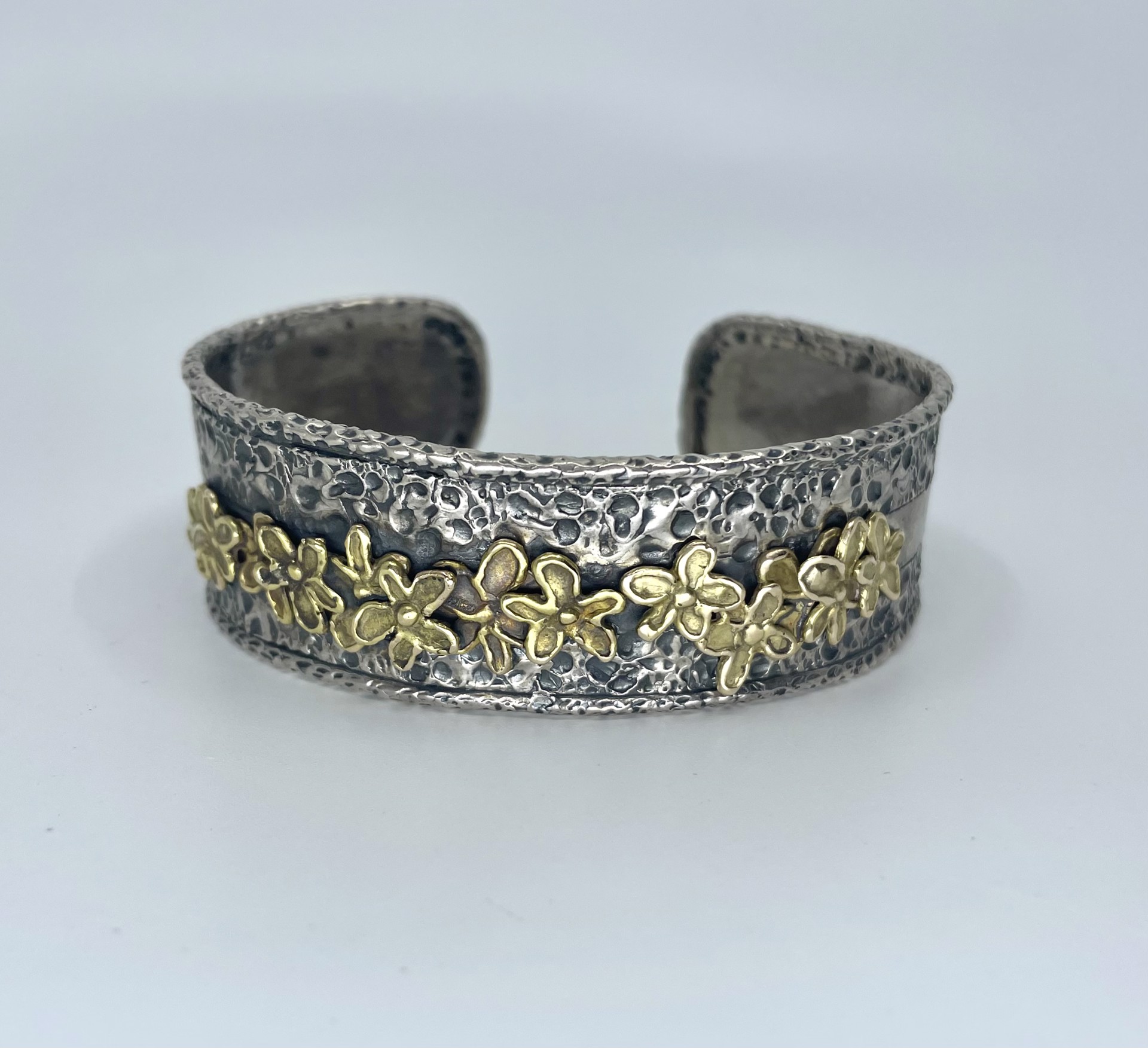 2401 Textured Oxidized Solid Gold Flower Cuff by Beth Benowich